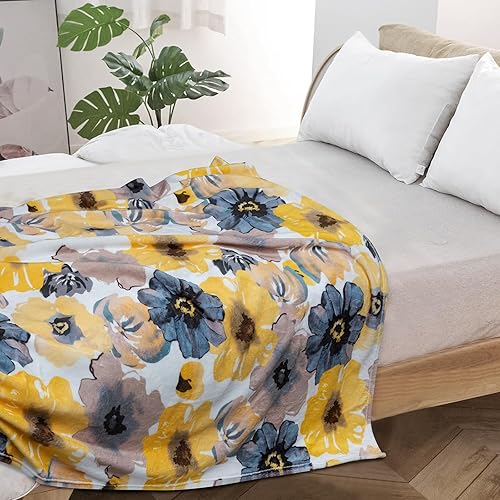 Miniatura 3 de Manta amarilla para sofá y cama, suave y acogedora manta de forro polar de felpa cálida, manta ligera de flores decorativa para invierno, 50 x 60