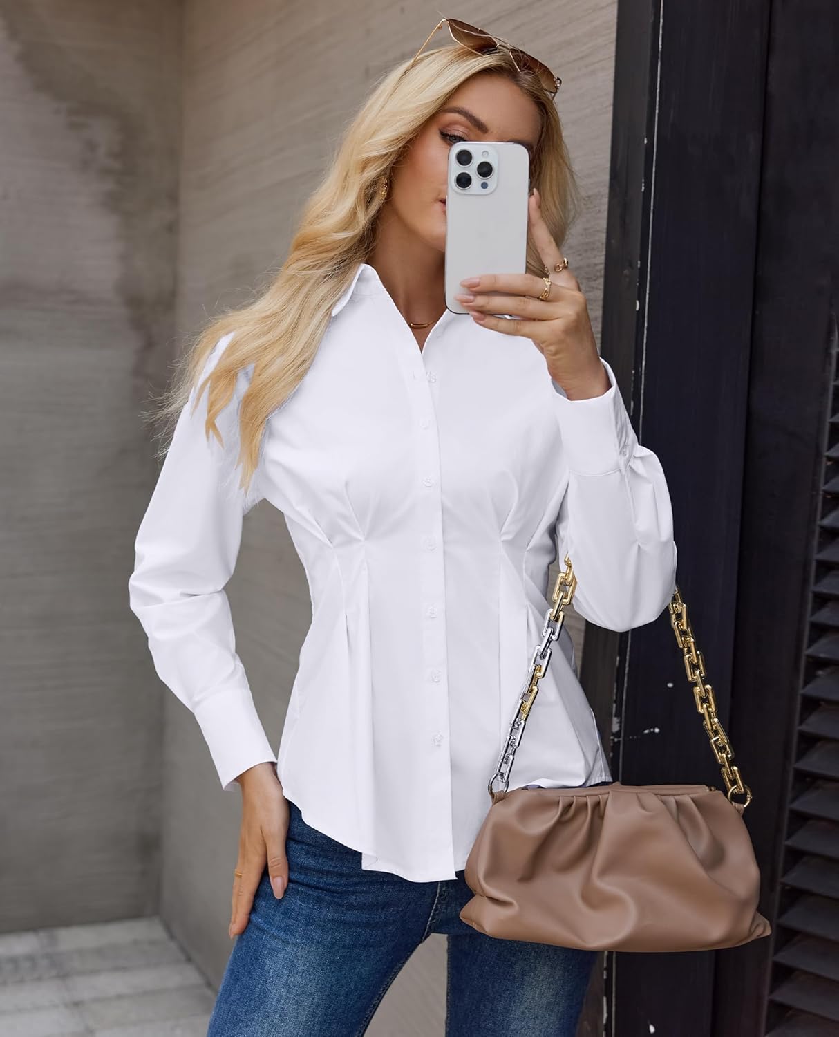 siliteelon Button Down Shirts for Women Cinched Waist Dress Shirt Cotton Long Sleeve Business Casual Work Office Blouse - Image 7