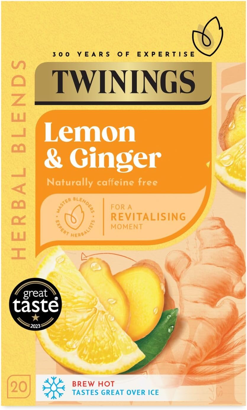 Lemon and Ginger Flavoured Tea, 80 Biodegradable Bags (Multipack of 4 x 20), Caffeine-Free Herbal Tea, Refreshing & Soothing Beverage