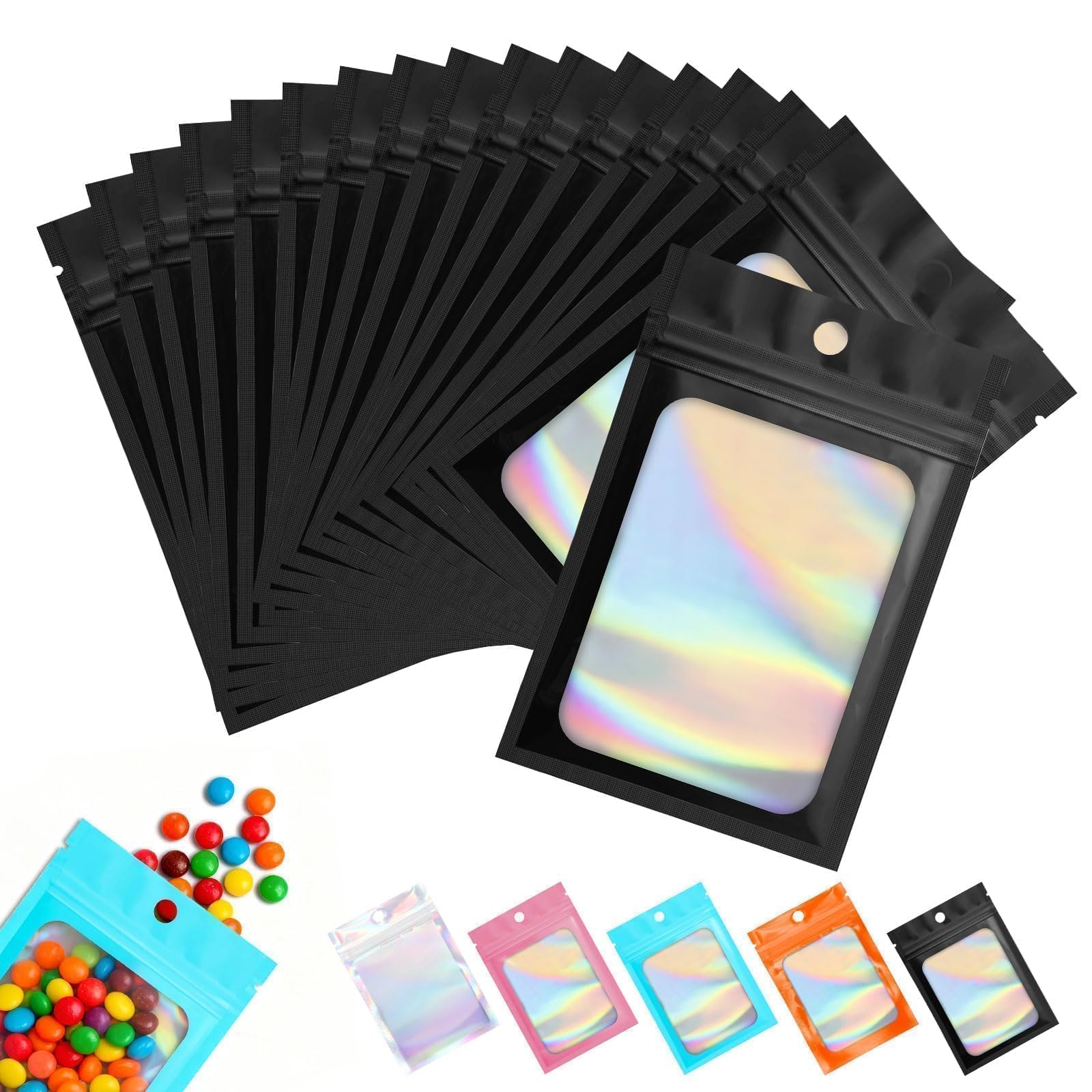 130 Pcs Mylar Bags 3.1ร5.1 Inch Holographic Bags Resealable Sealable โ Small Ziplock Bags for Food Candy Jewelry Party Gifts Black