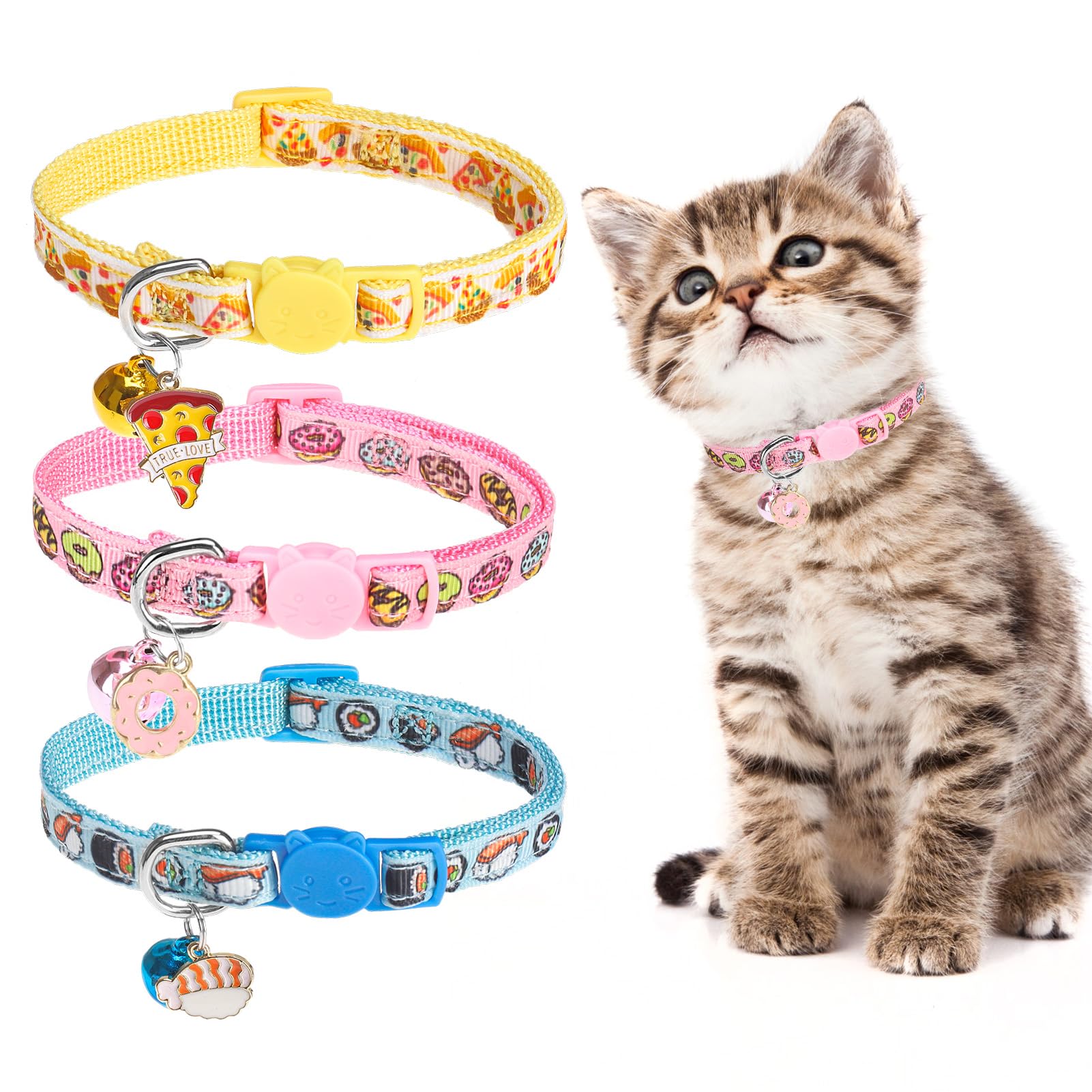 BINGPETChristmas Breakaway Cat Collar with Bell,3 Pack Cat Collars for Girl Cats, Cute Kitty Collars Accessories with Donut & Sushi & Pizzas(Yellow/Pink/Blue)