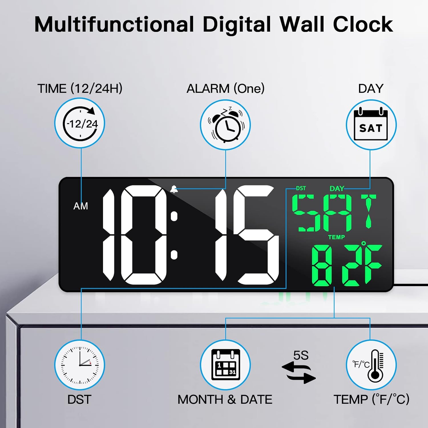 17 Inch Large Digital Wall Clock with Remote Control, Automatic Brightness Dimmer Digital Wall Clock Large Display with Day/Date/Temperature, Snooze, Count Up & Down Timer for Living Room, Office, Gym