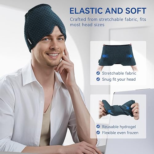 Vista 20 de KingPavonini Envoltura de cabeza de hielo, gorra ajustable para aliviar el dolor de cabeza de migraña con cordón, sombrero de migraña caliente/fría