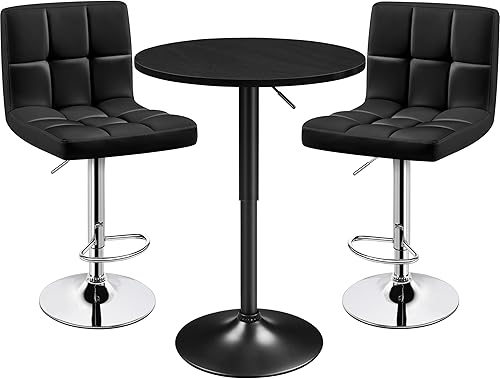 Miniatura 11 de Yaheetech Juego de mesa de bar de 3 piezas, mesa de bar redonda y sillas giratorias ajustables de piel sintética, moderno juego de mesa de altura de