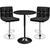 3-Piece Bar Table Set, Round Bar Table and PU Leather Adjustable Swivel Armless Chairs, Modern Counter Height Table Set with 2 Bar Stool for Kitchen, Full Black