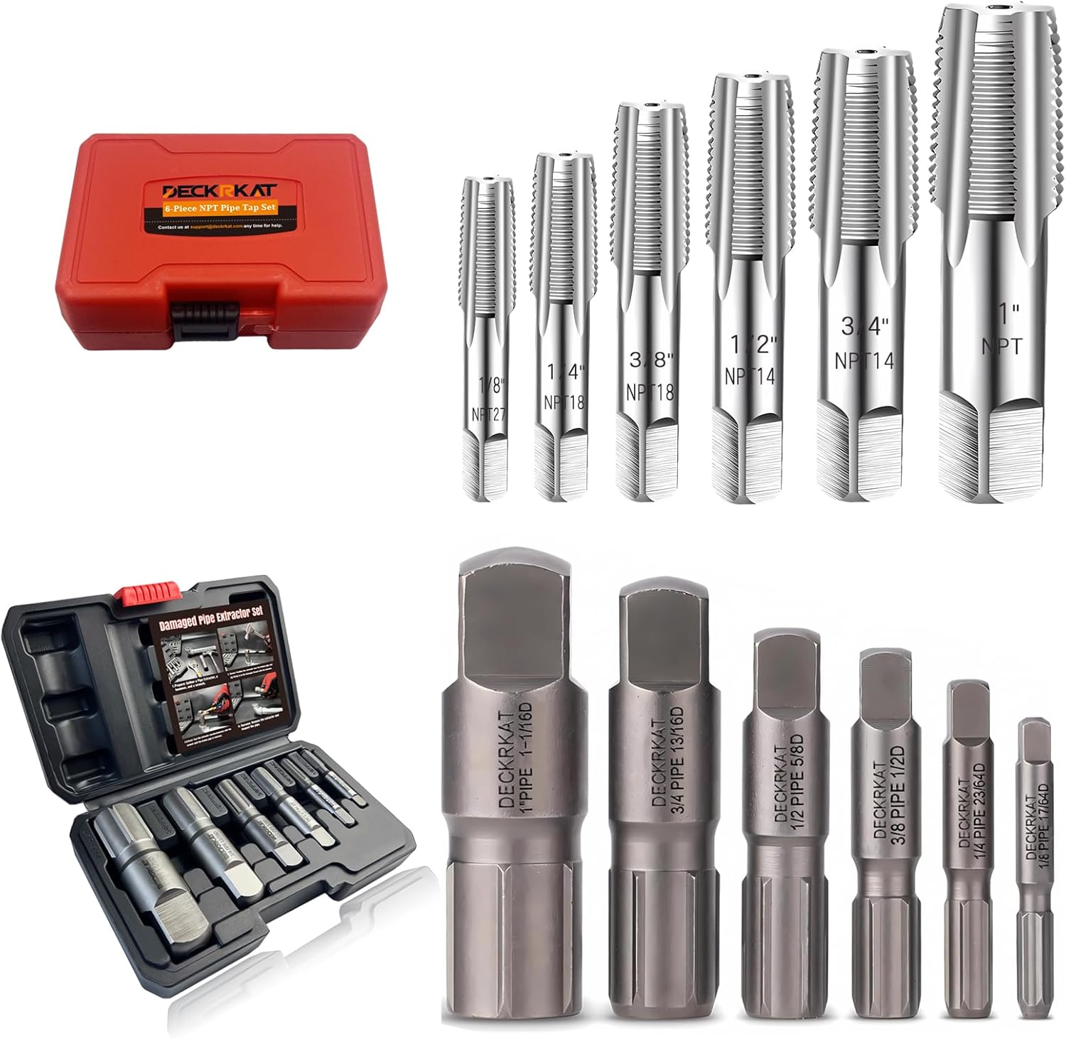 6-Piece NPT Pipe Tap Set, Precision Carbon Steel NPT Tap Set for Clean Accurate Threads and Heavy-Duty Pipe Extractor Set – 6-Piece Broken Pipe Removal Tool Kit for 1/8" to 1"National Standard Pipes
