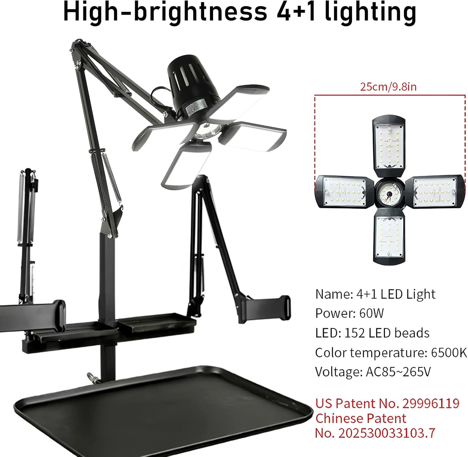 Professional Tattoo Workstation - Stable Heavy Duty Metal Rolling Tray with LED Light, Pigment Storage Rack & Tablet Stand, Adjustable Height Pneumatic Lifting + Lockable Universal Wheels