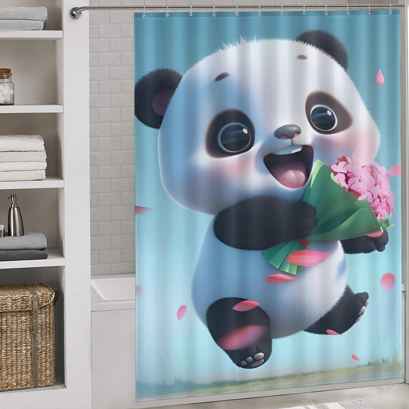Rideau de douche en tissu lavable 168x183cm avec 12 crochets pour salle de bain panda