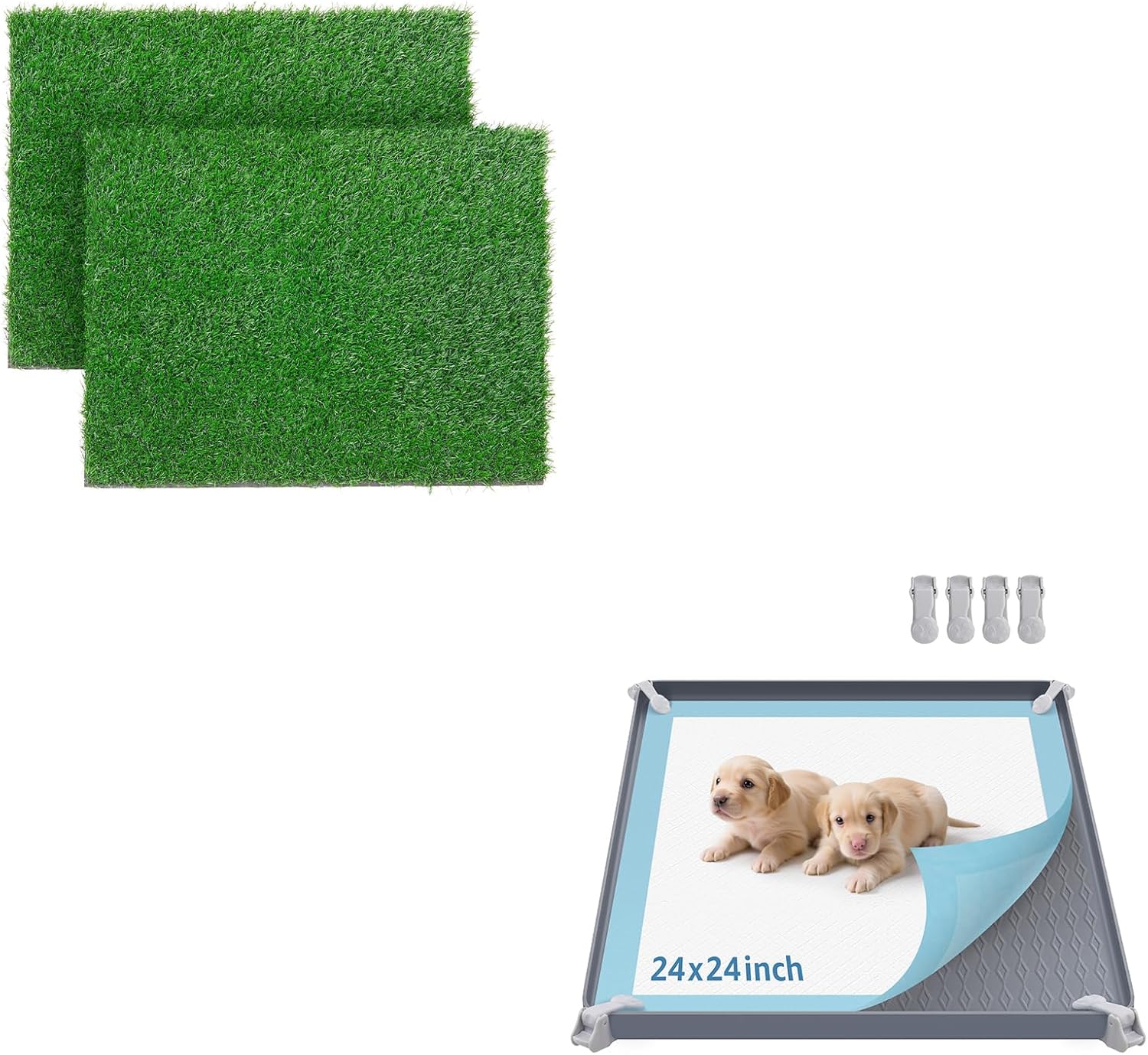 LOOBANI 14x18 inch Dog Grass Pee Pads 2 Packs & Dog Pee Pad Holder with 4 Clamps,Fits Up to 24" x 24" Training Pads, Gray