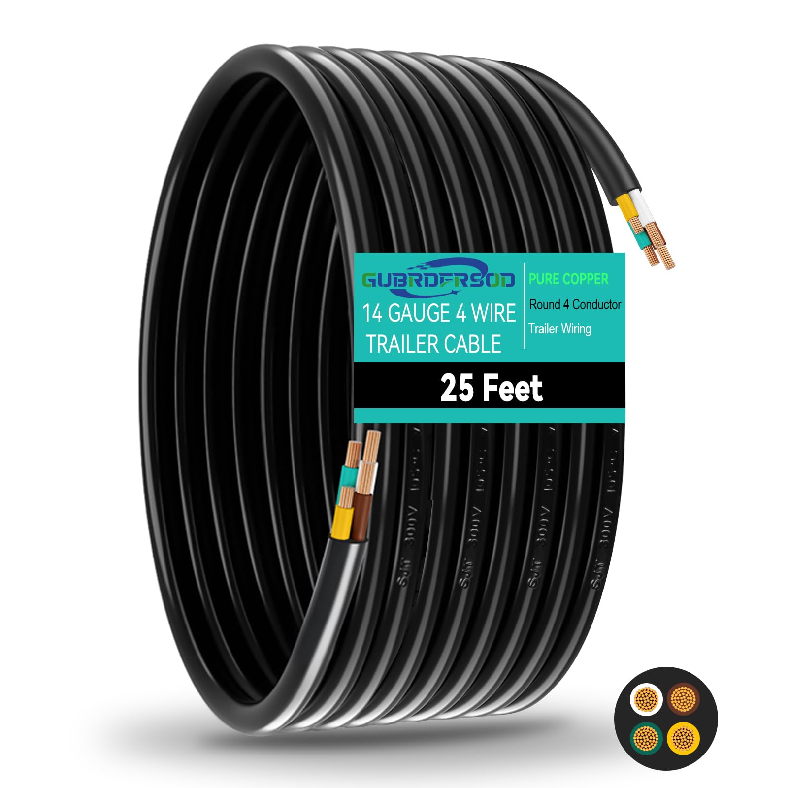 Gubrdfrsod Heavy Duty 25 FT 14 Gauge 4 Way Pure Copper Conductor Wire Insulated Stranded Waterproof RV Trailer Cable Cord 4 Conductor Color Coded