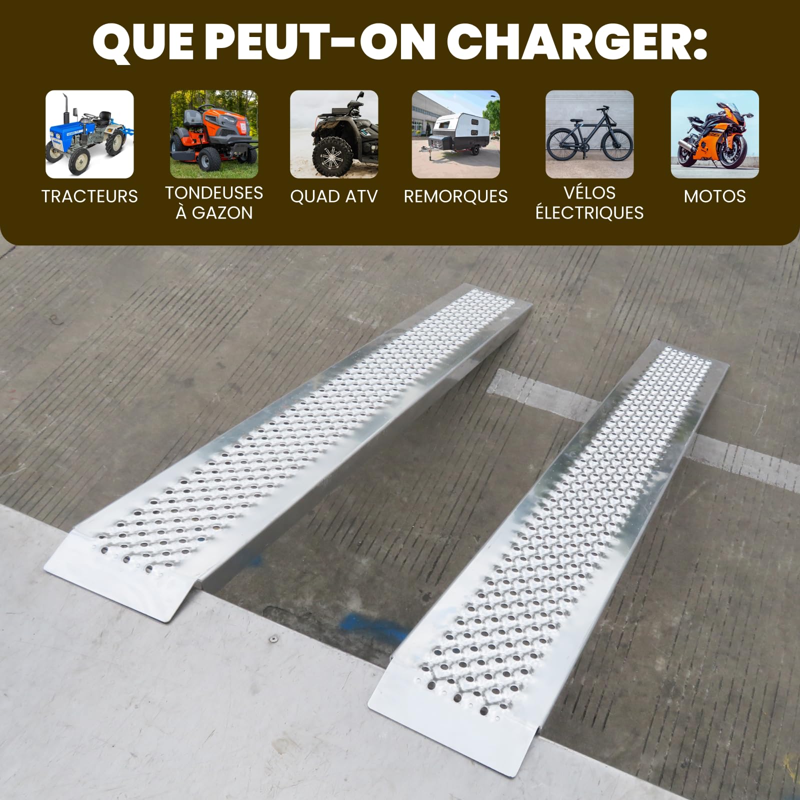 Rampes de Chargement 200cm Robustes Tracteur Moto Remorque Aluminium jusqu'à 1000kg LR7H