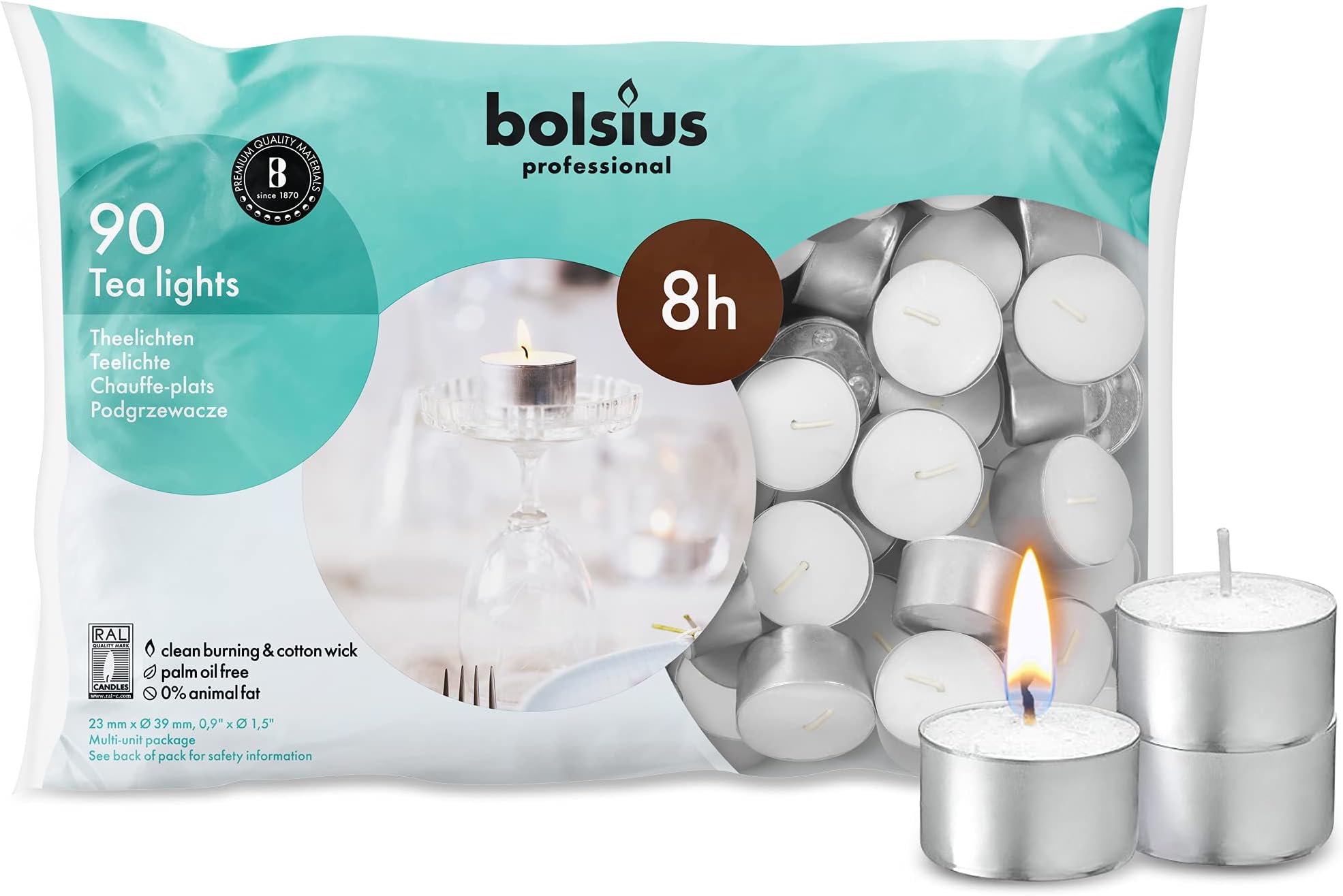 Professional Tealights (Pack of 90), White, 8-Hour Burn Time, Cotton Wick, 0% Animal Fat, Clean No-Smoke Burning, Restaurant Café Dining Tea Lights, DJ759