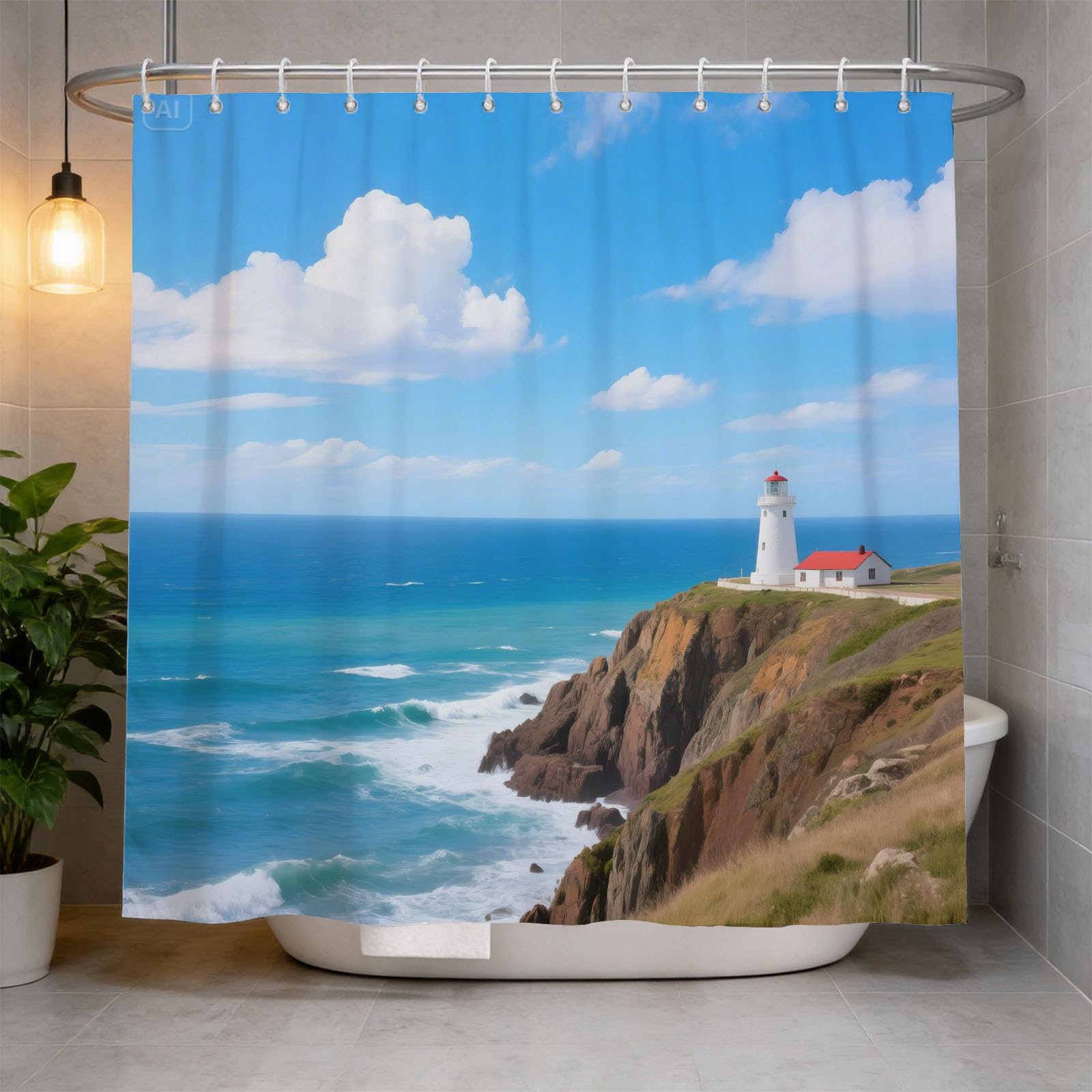 Hongduo 3D Coastal Lighthouse Shower Curtain for Stalls Bathtubs Ocean Landscape Bathroom Decor Shower Curtain Set Polyester Fabric Waterproof 200x200cm/79X79 Inch with Hooks
