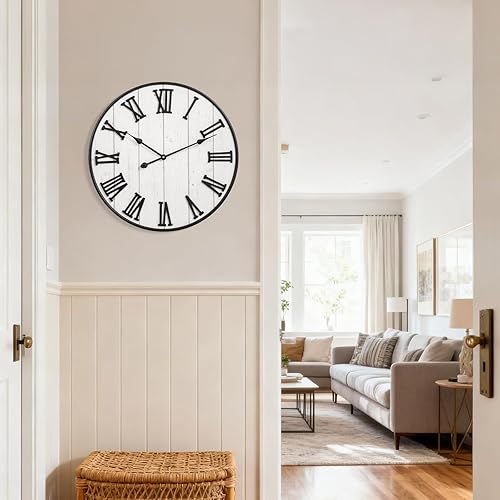 Miniatura 4 de MODE HOME Reloj de pared grande de madera rústica, de 24 pulgadas, con números romanos tallados, reloj redondo vintage silencioso a pilas para sala
