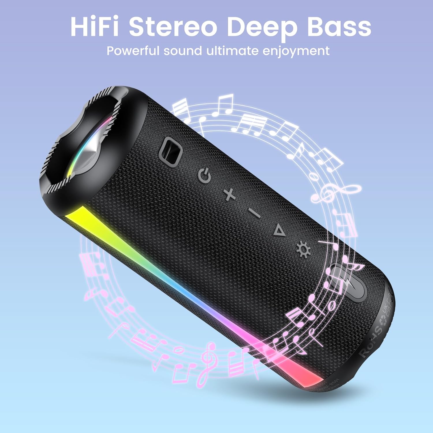 Xuevcn BS01 Bluetooth Speaker with musical notes, illustrating its HiFi stereo deep bass sound.