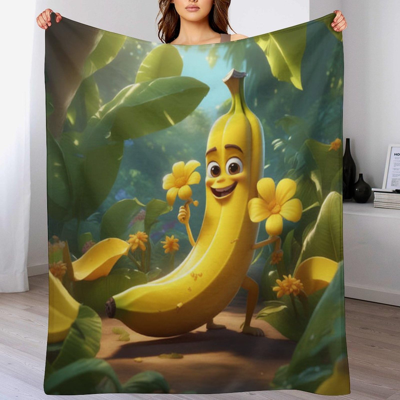 Manta de forro polar térmico y franela con estampado de plátano, gran formato de 150x200 cm para el frío