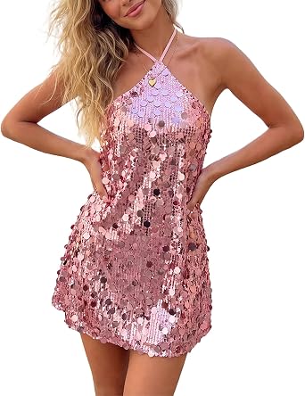 Awoscut Womens Sequin Halter Dress Sleeveless Sexy Backless Sparkly Summer Party Club Going Out Mini Dresses