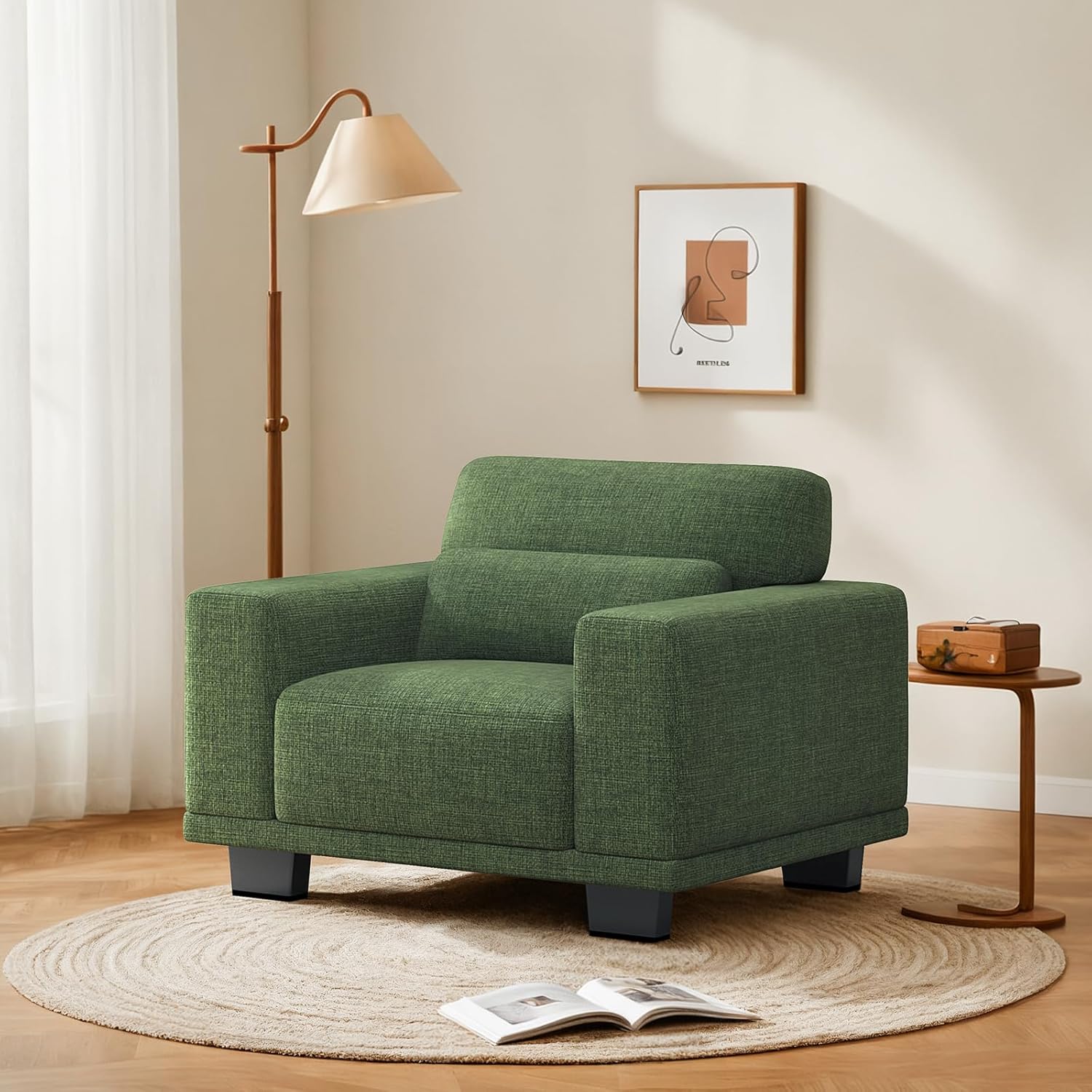 Pipishell 40″ Modern Accent Chair: Single Seater Sofa with Wide Armrests & Deep Seat Cushions, Removable Washable Linen Cover for Living Room, Green | Comfy Armchair & Small Space Couch