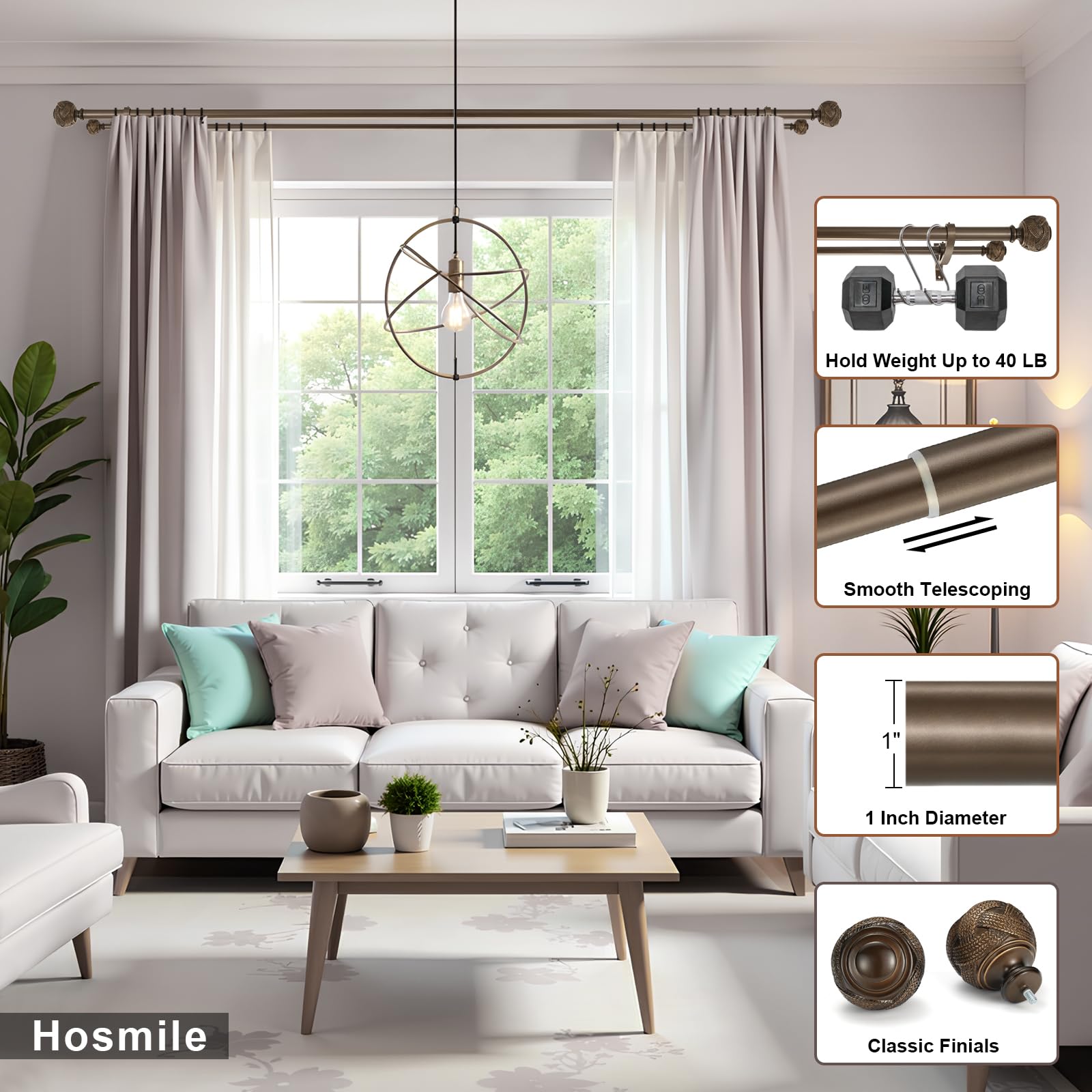 Bastone per tende doppie per finestre 91-182 cm, bronzo antico doppio bastone per tende con terminali classici, resistente 2,5 cm anteriore e posteriore 1,5 cm bastone decorativo per tende doppie aste