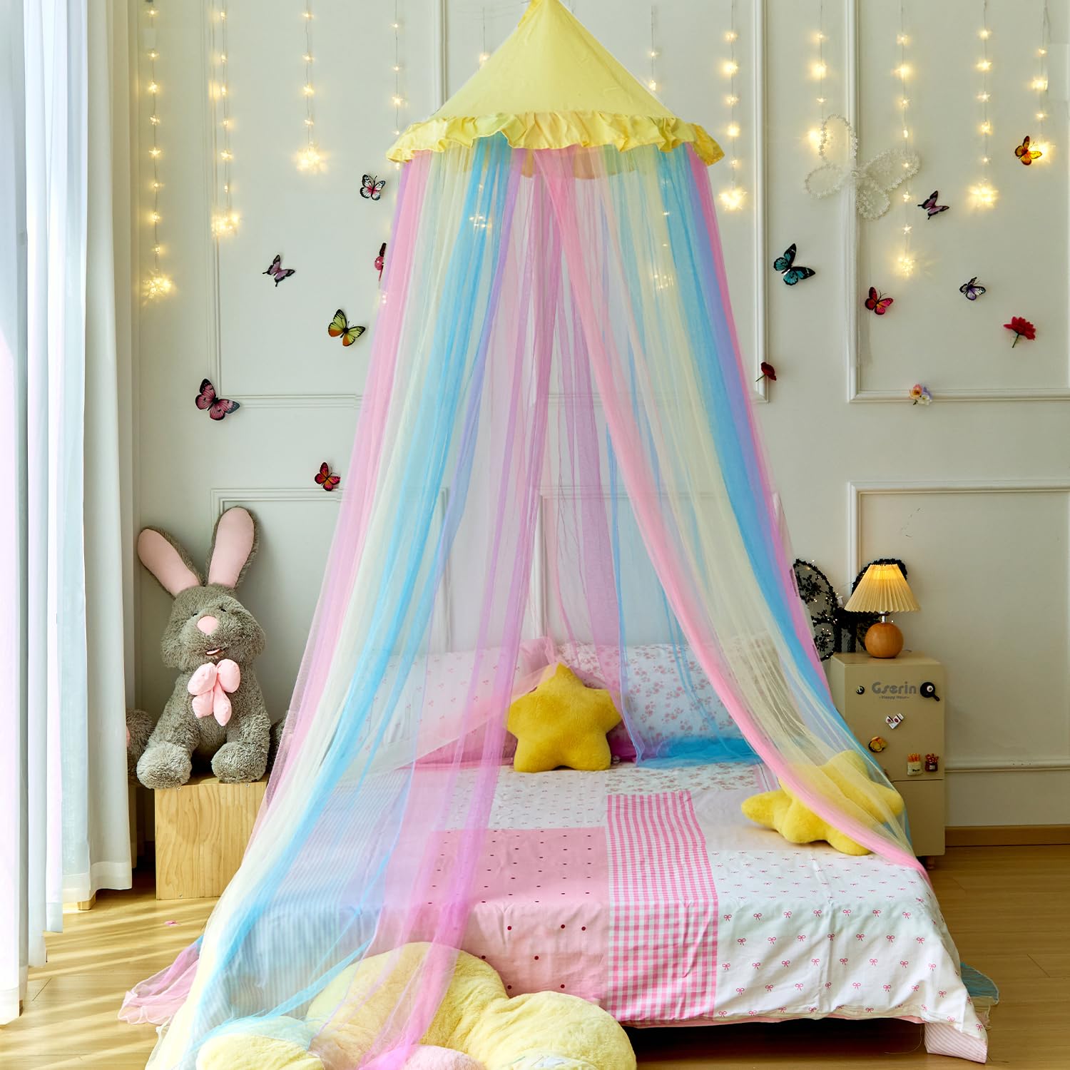 Wnqou Rainbow Bed Canopy for Girls,X-Large Princess Canopy Hanging Netting Bedroom Decor for Girls Mosquito Net for Baby Crib Twin to King Size Bed (Yellow Rainbow) - Image 3