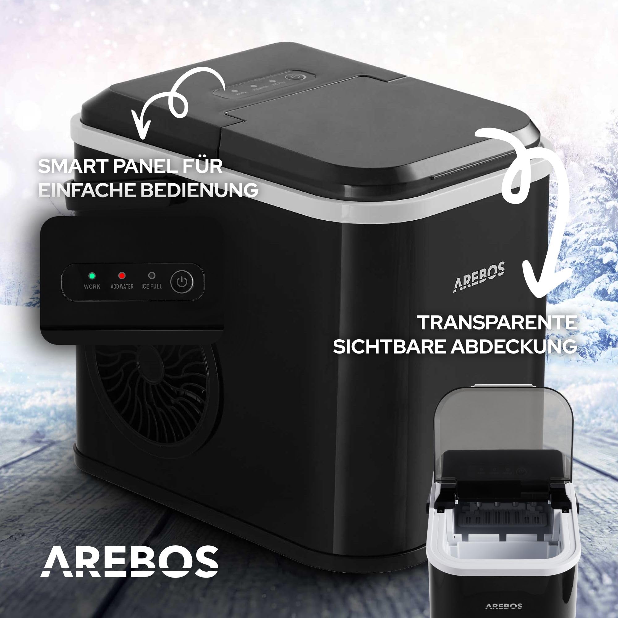 Arebos Eiswürfelmaschine 12 kg/24h | Ice Cube Maker R600a | 8 Eiswürfel in 10 Min | 1,1L Tank | Selbstreinigend & Leise | inkl. Schaufel & Behälter | Eiswürfelbereiter mit Sichtfenster | Schwarz