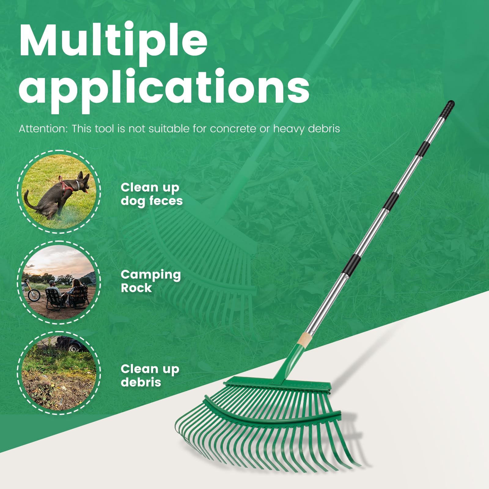 Rastrello da giardino regolabile in metallo, extra largo con manico lungo per la pulizia di prati e giardini, strumento ideale per la manutenzione di piante, terrazze e cortili, durevole ed efficiente