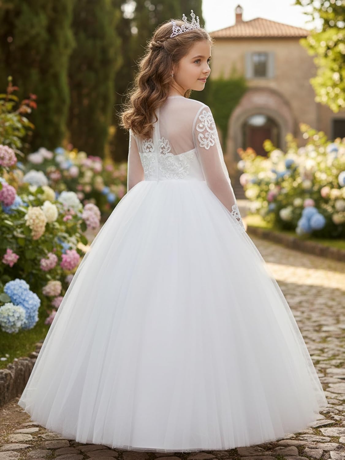 ABAO SISTER Girls' White Tulle Lace Embroidered Flower Girl Dress Communion Wedding Party Gown Elegant Princess Formal Dress