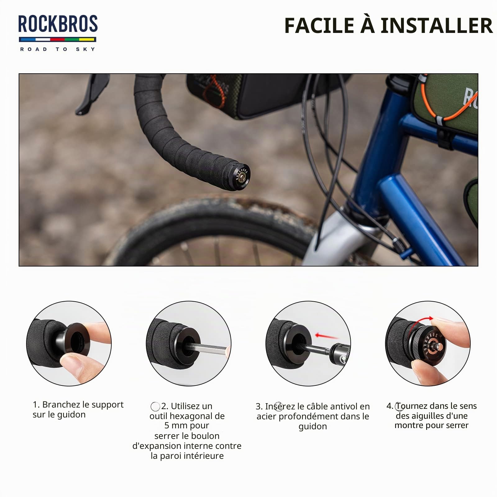ROCKBROS Road to Sky Cable Antivol Vélo Embout de Guidon VTT Mini Antivol Casque Vélo Caché Portable Bouchon Serrure à Cable 2 en 1 Multifonctionnel Longueur 65cm Vélo de Route Vélo de Course Noir