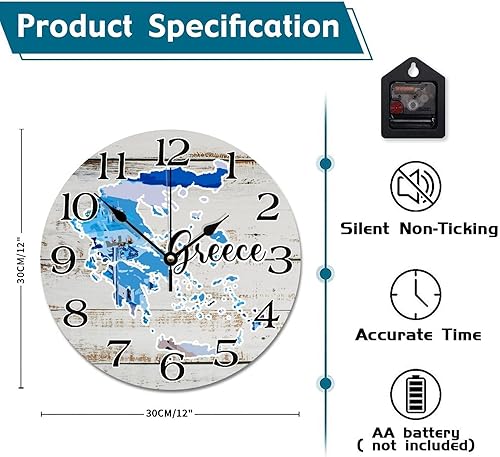 Miniatura 6 de Reloj de pared de Grecia, mapa de Grecia, atracción turística, relojes de pared grandes de madera, funciona con pilas, 12 pulgadas, silencioso,