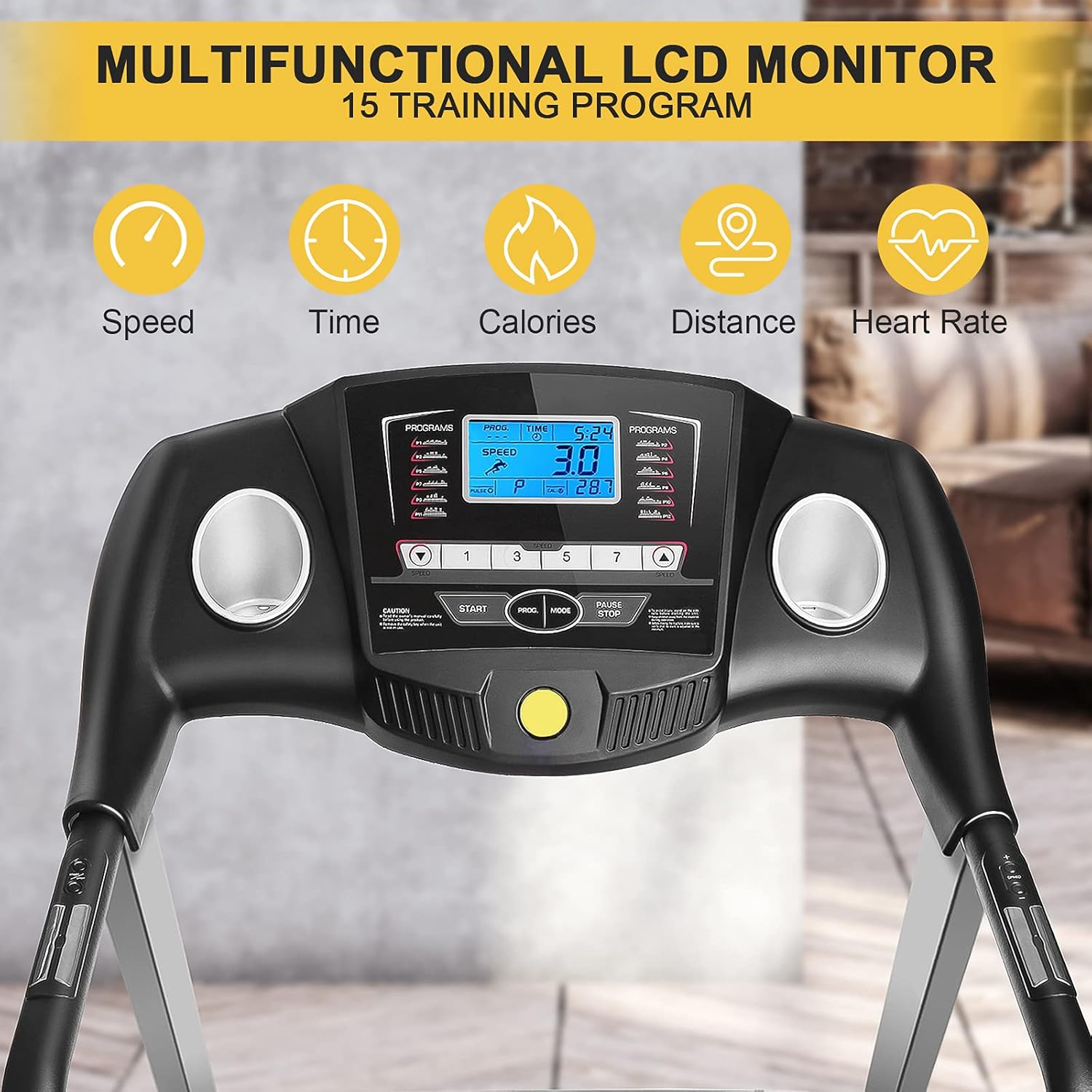 Folding Treadmill Electric Motorized Running Machine 17 Inch Wide Tread Belt w/Incline LCD Display & Cup Holder - Easy Assembly w. 15 Preset Programs for Home Gym, black