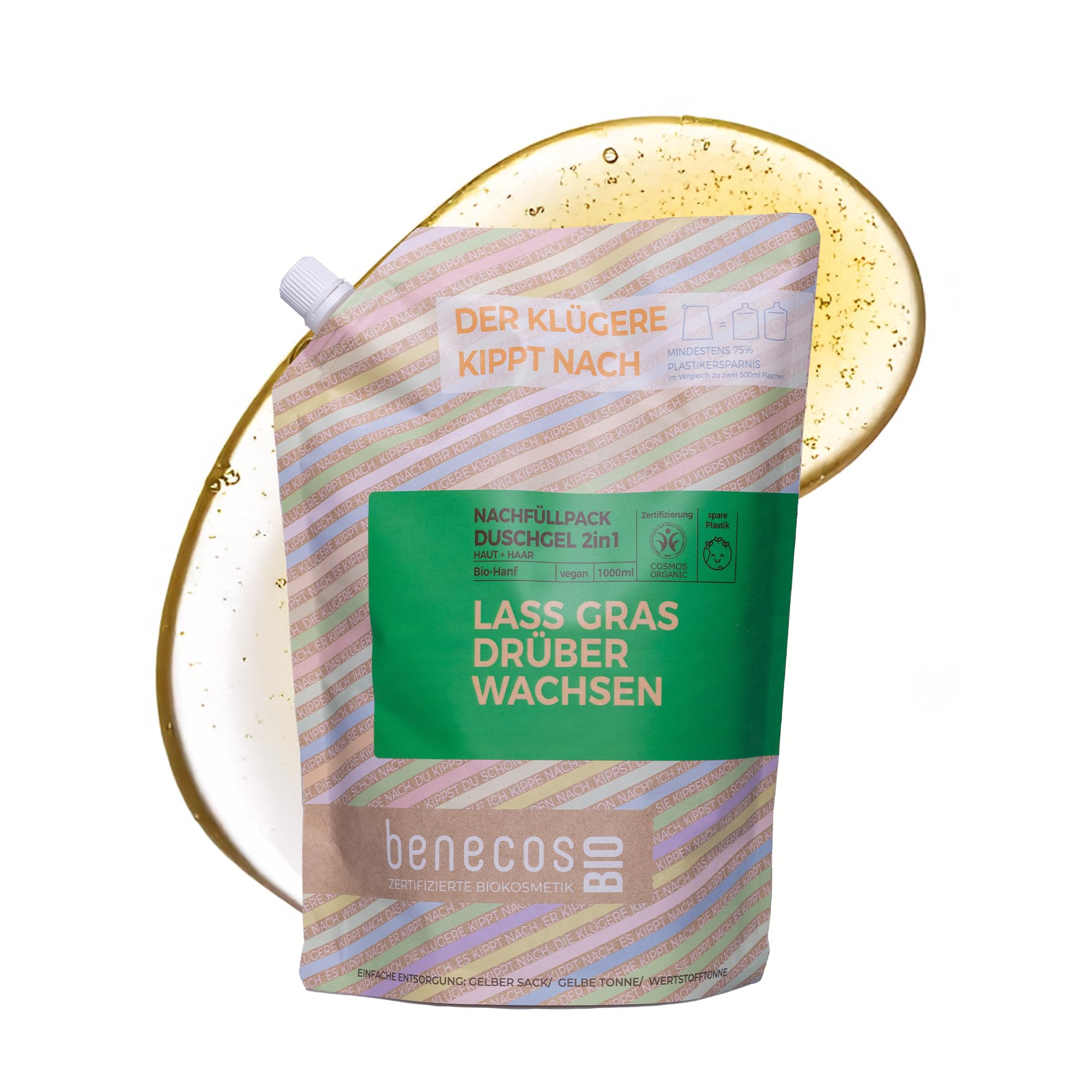 BenecosBIO Nachfüllbeutel Duschgel 2in1 Lass Gras drüber wachsen - Bio-Hanf - zertifizierte Naturkosmetik - vegan - sanfte Reinigung für Haut & Haare - 1000ml