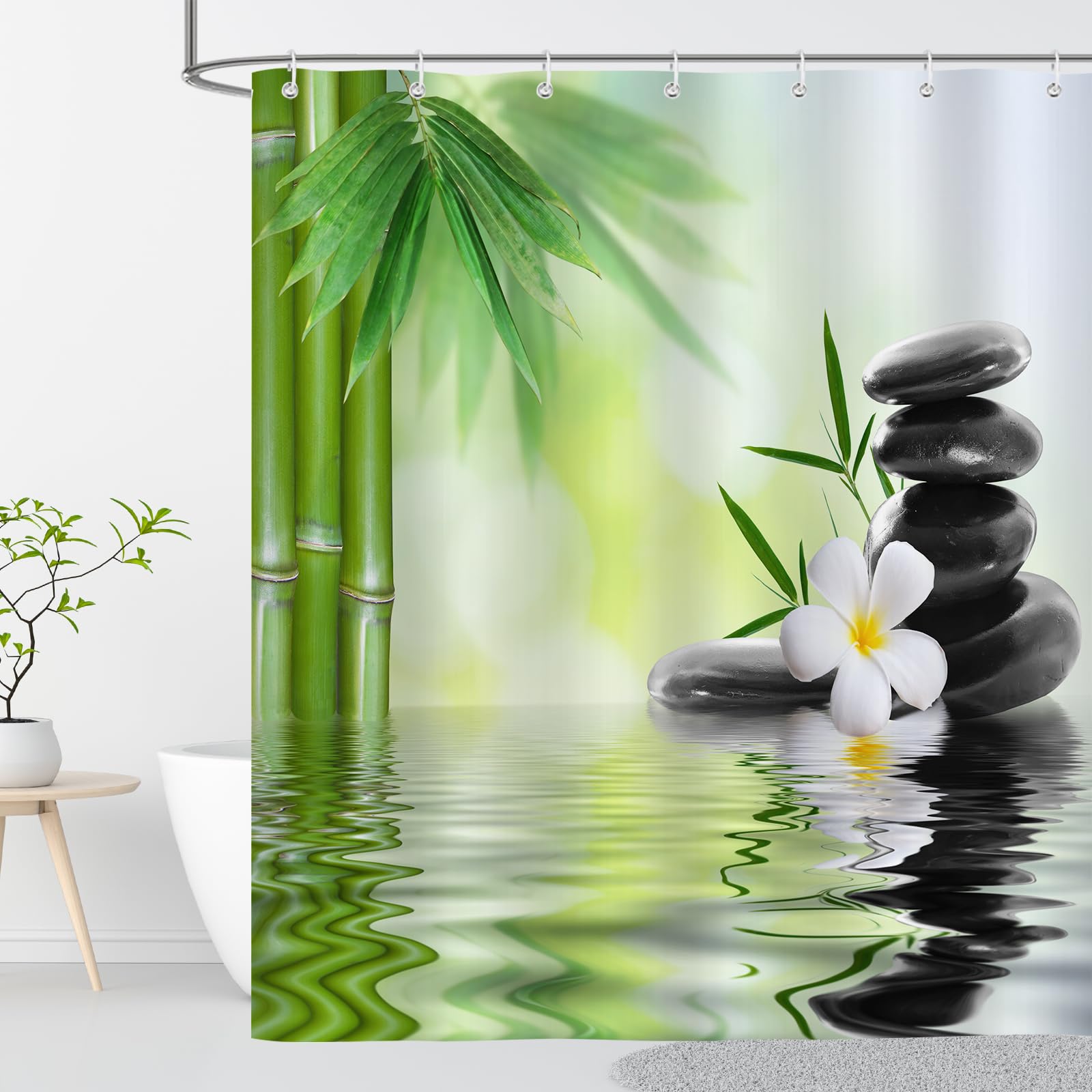 OCEUMACO Zen Narrow Shower Curtain Anti Mould Proof Resistant 120x180 cm (48x72 Inch) Black Green Bamboo Bath Shower Curtains for Bathroom Wet Room Waterproof Washable Fabric with Hooks