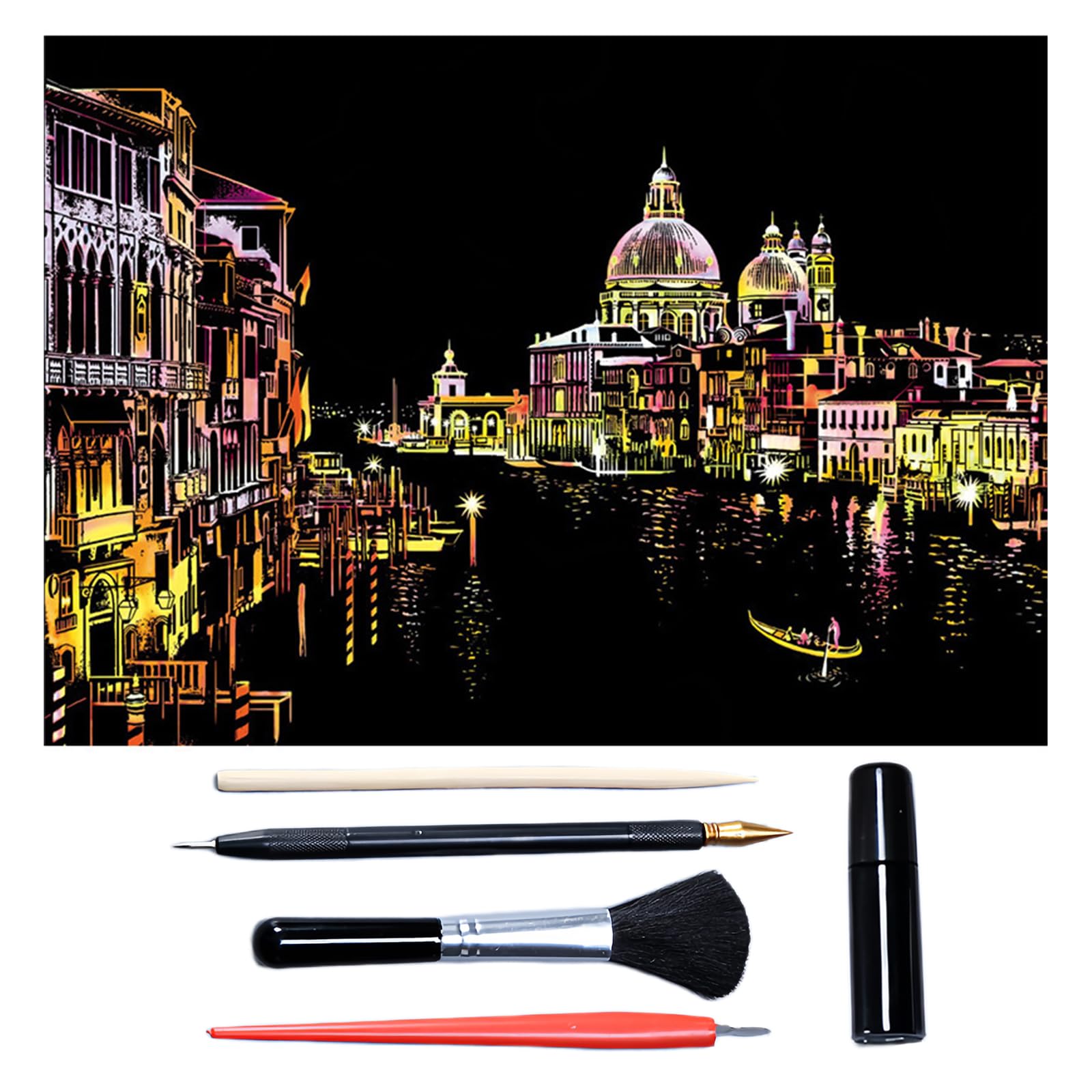Scratch Art for Adults & Teens 16 x 11.2 Inches, Paint by Scratch Kit Adult Rainbow, Colorful Sketch DIY Night View Scratchboard (New Venice)