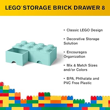 LEGO Brick Drawer, 8 Knobs, 2 Drawers, Stackable Storage Box, Aqua Mint Green