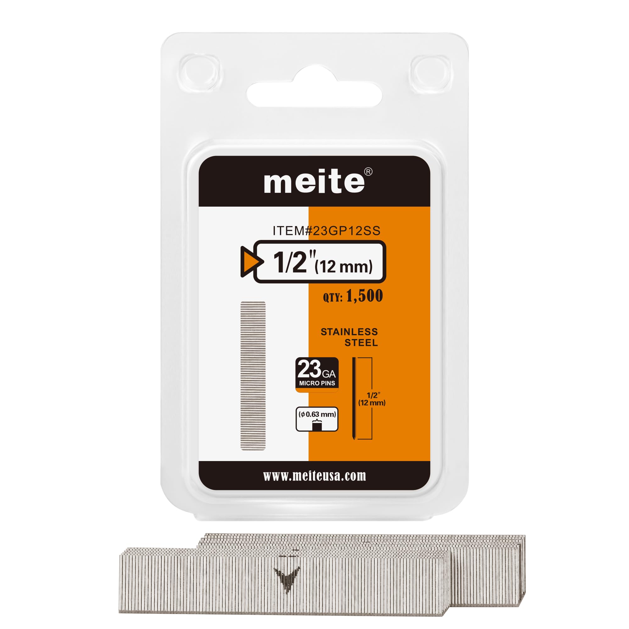 meite 23 Gauge Pin Nails, 304 Stainless Steel Headless Nails for Nail Gun, 12 mm Micro Pin Nails for Trim, Craft & Woodworking, 1,500-Count