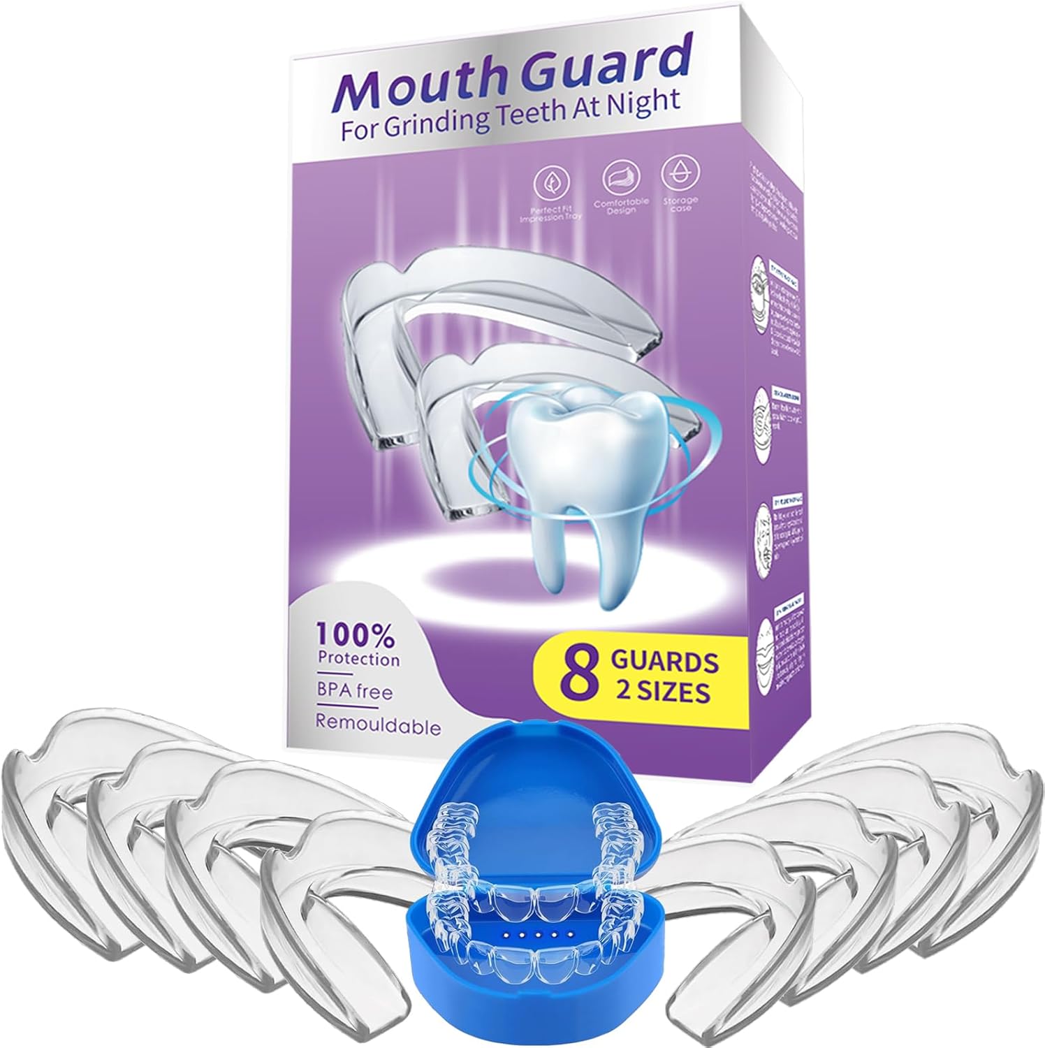 8 Pack Night Mouth Guards for Teeth Grinding, 2 Size Mouthguards for Sleeping