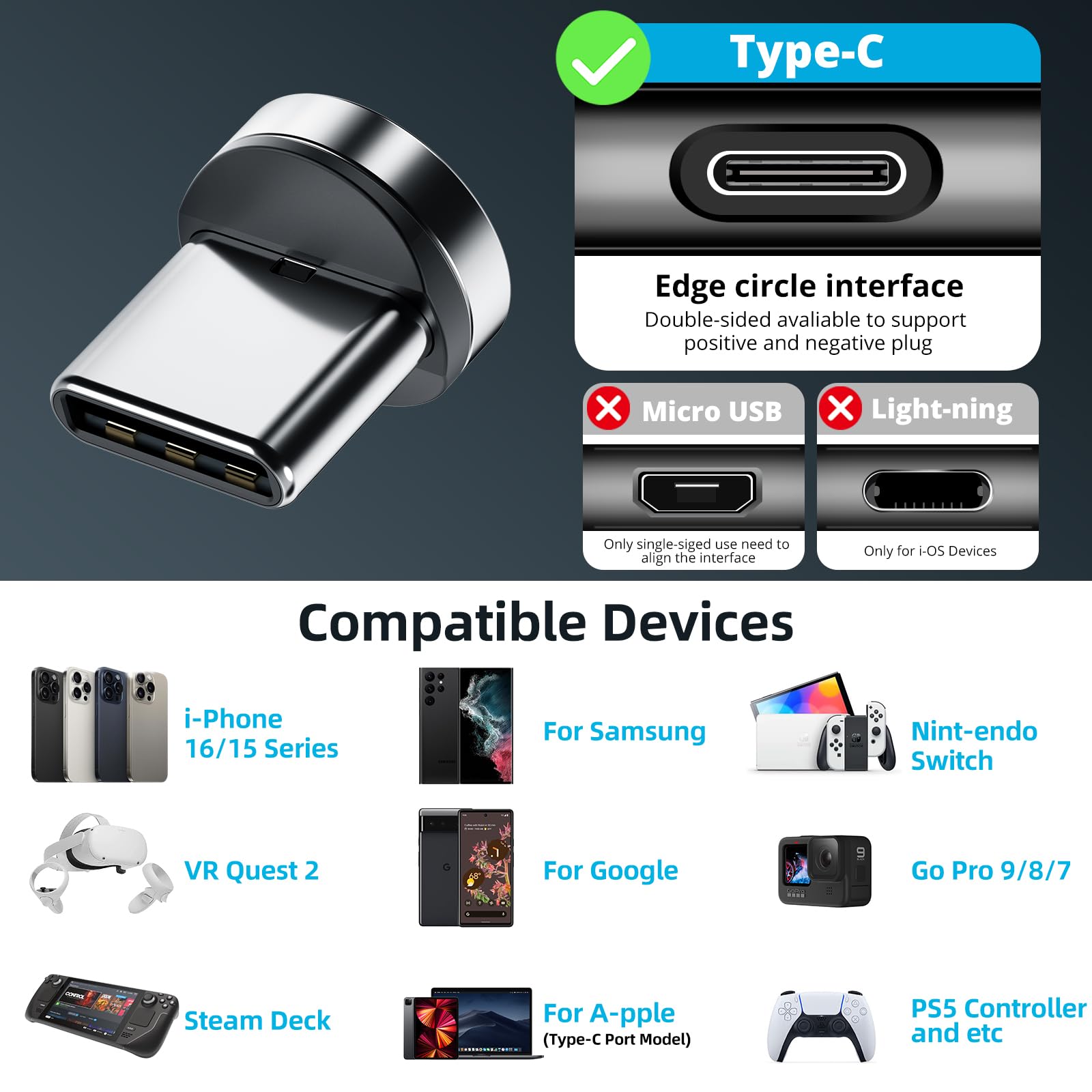 Ankndo Magnetyczne końcówki złącza [4-pak] Adapter magnetyczny USB C, kompatybilny z 7-pinowym magnetycznym kablem ładującym, obracający się o 360°, mocny magnetyczny adapter kabla do telefonu do