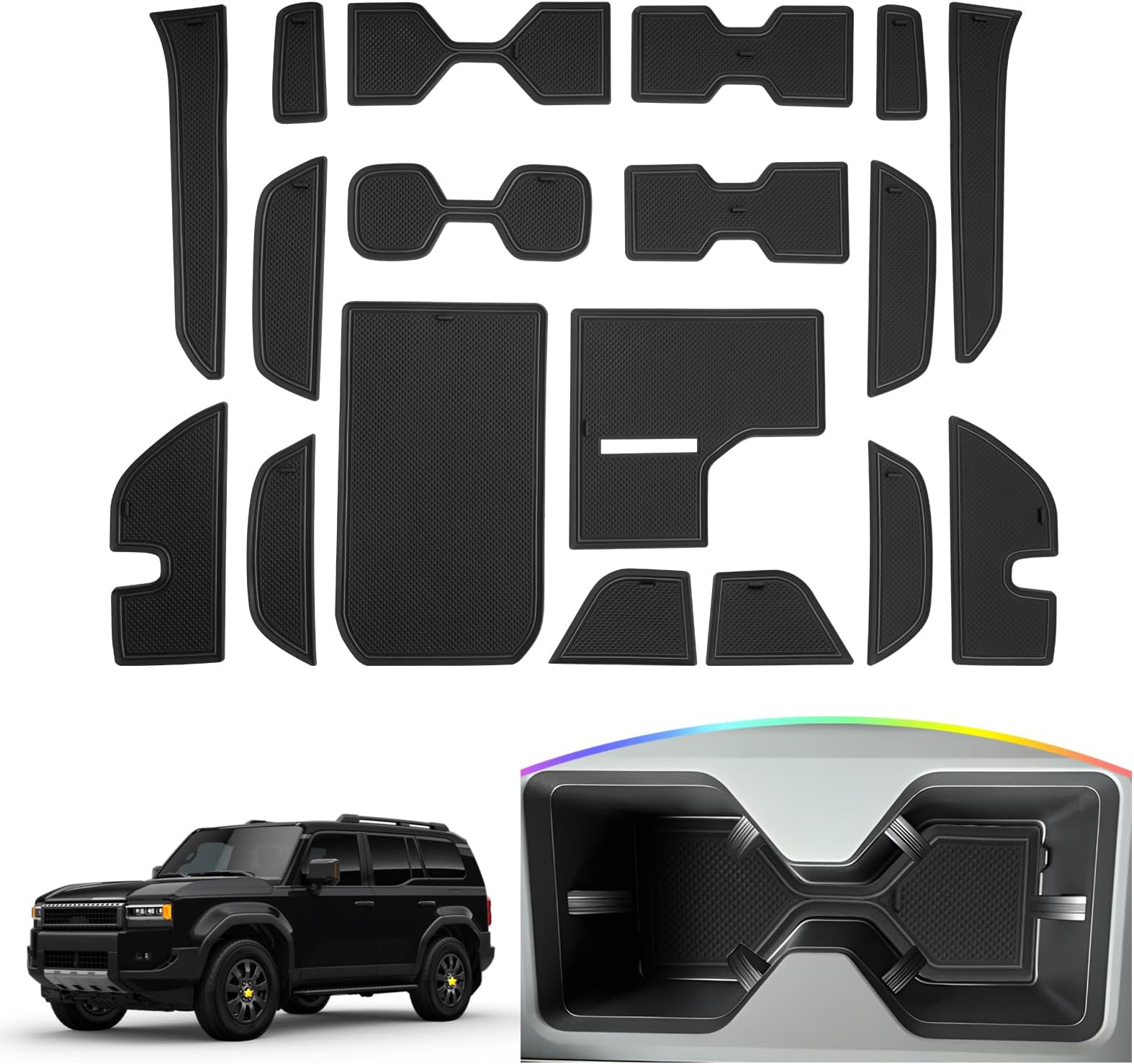 SKTU Door Slot Mat for 2024 2025 2026 2027 Toyota Land Cruiser Door Groove Gate Pad 18Pcs Fit 2024 2025 2026 2027 Land Cruiser Accessories Door Compartment Cup Console Liners (Black)