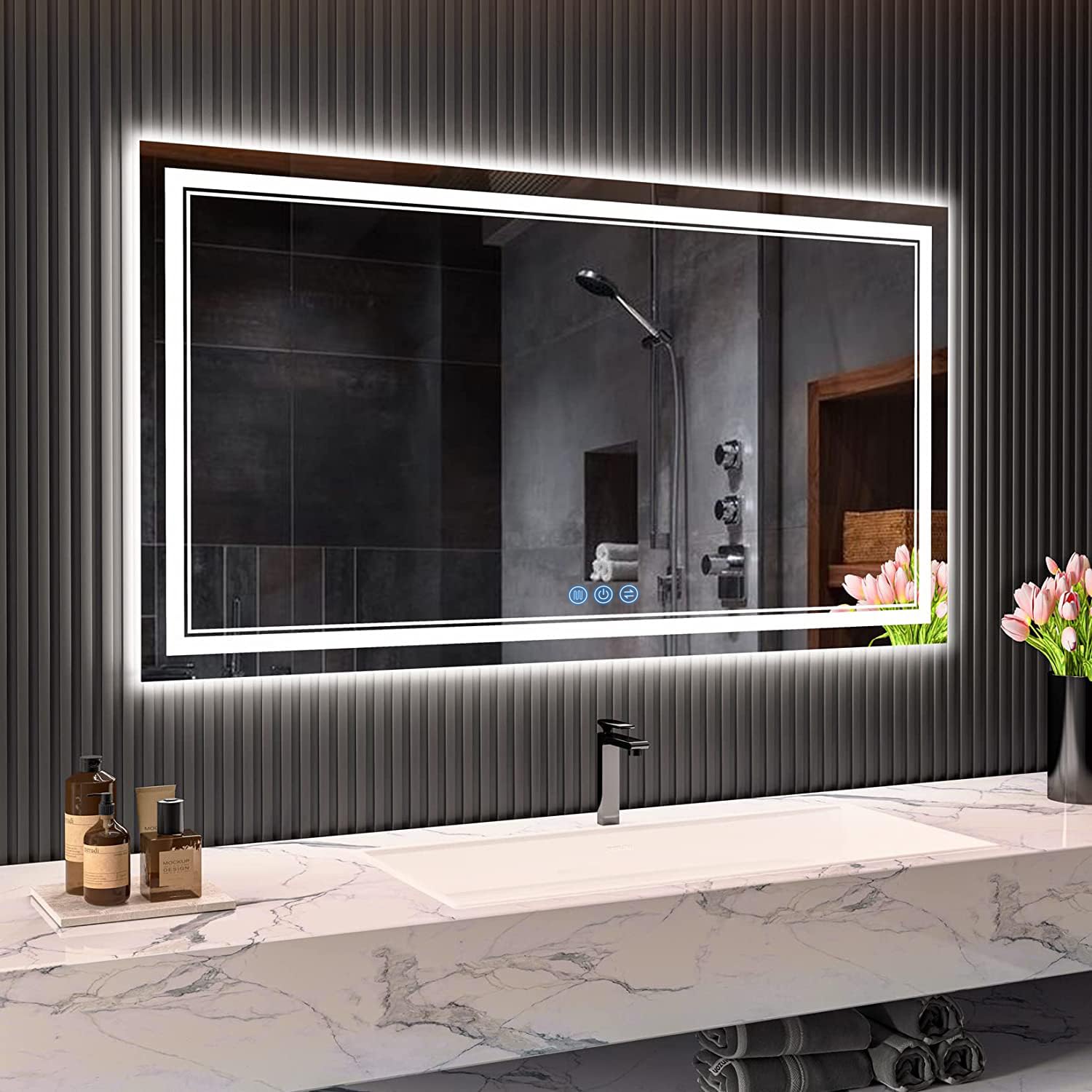 Miroir de Salle de Bain, avec éclairage, 120 x 70 cm, Miroir Mural et Interrupteur Tactile, IP65 LED, avec Fonction mémoire, 3 températures de Couleur, Horizontale/Verticale, Verre trempé HD