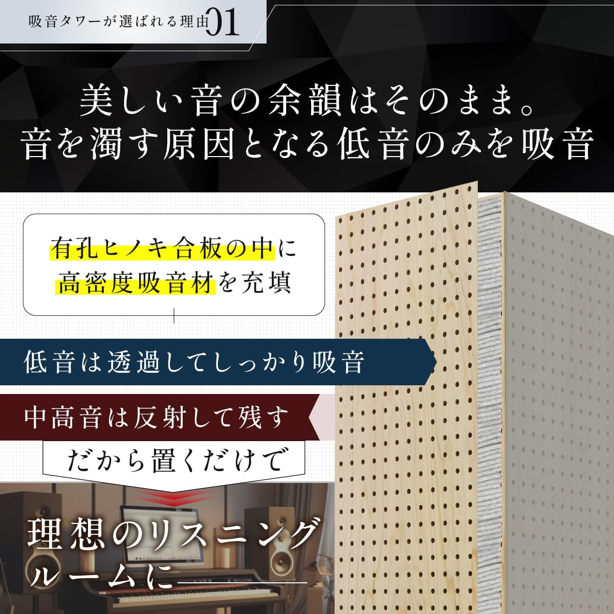 吸音タワー スタンダード 31cm角 (ブラック, 180cm【90cm&times;2段】)