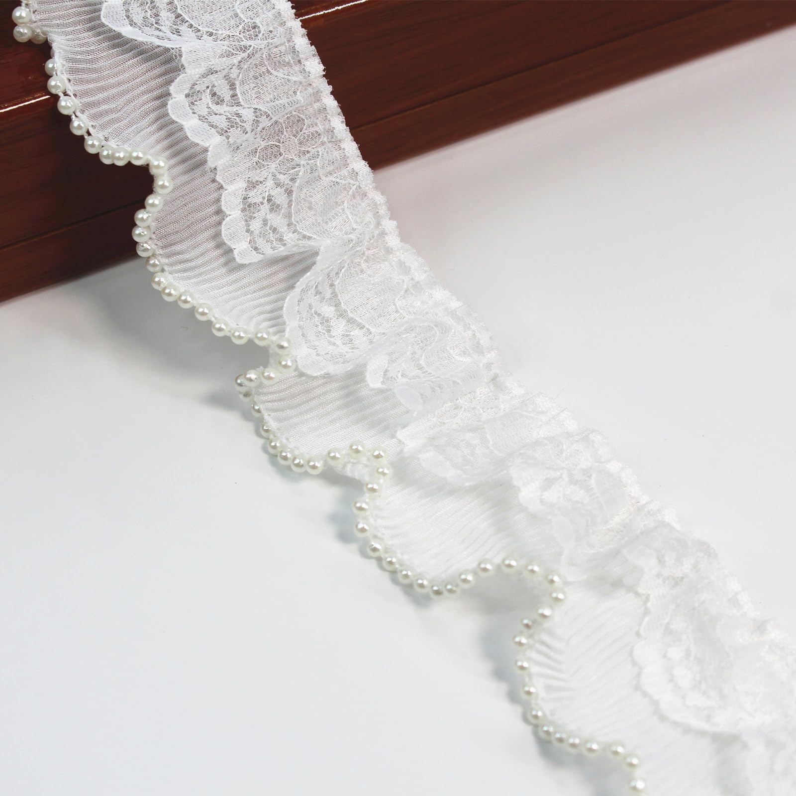SUNMOVE 1 Yard White Pearl Trim Lace Ribbon Ruffles Beaded Lace Edge Trim Wedding Dress Bridal Ribbon Sew On Applique Cloth Bag Hat Dress Decoration (2.36 inch Wide)