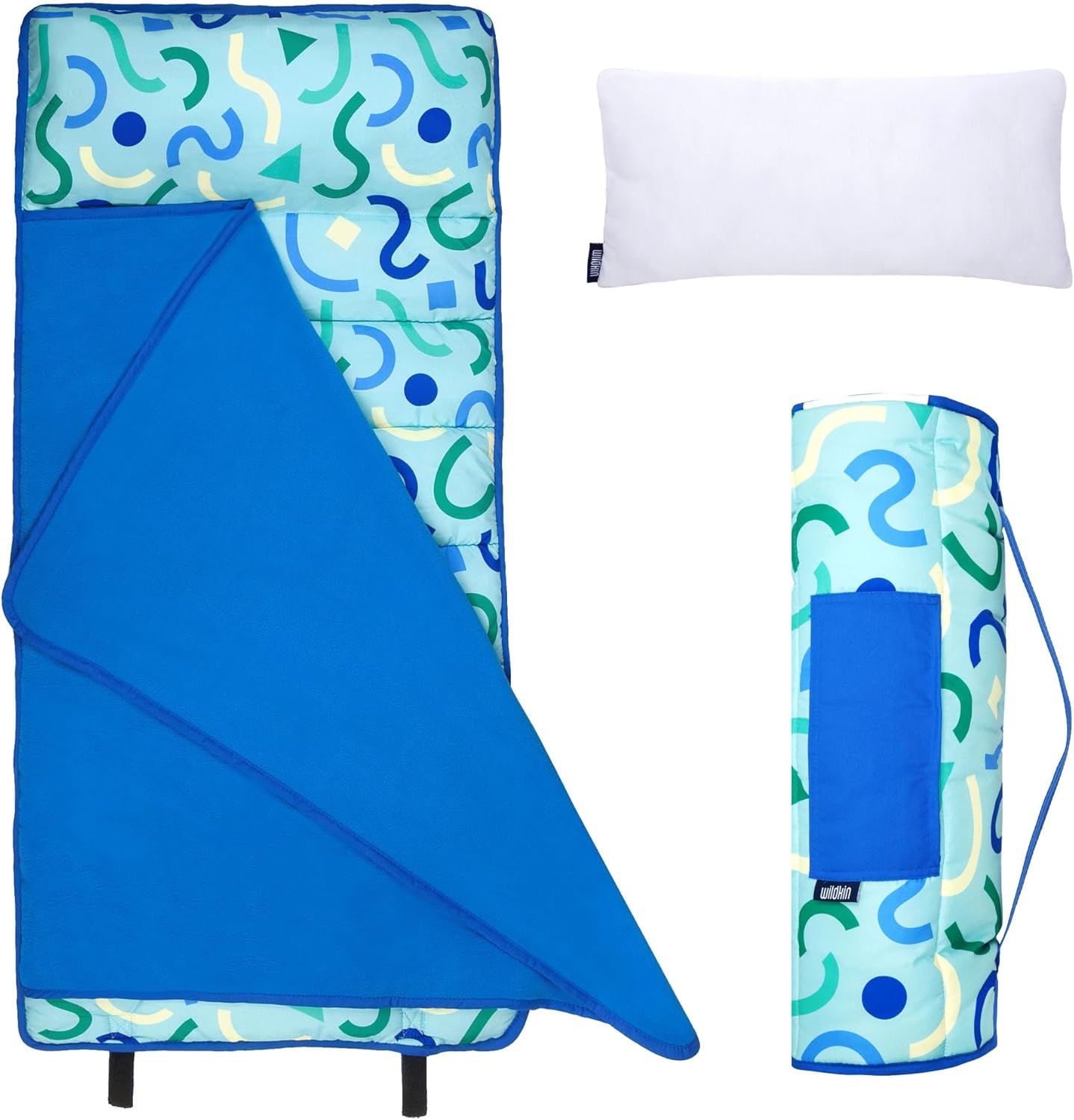 Wildkin 43-inch Kids Nap Mat – Soft Microfiber Toddler Sleeping Mat with Pillow - Confetti Blue