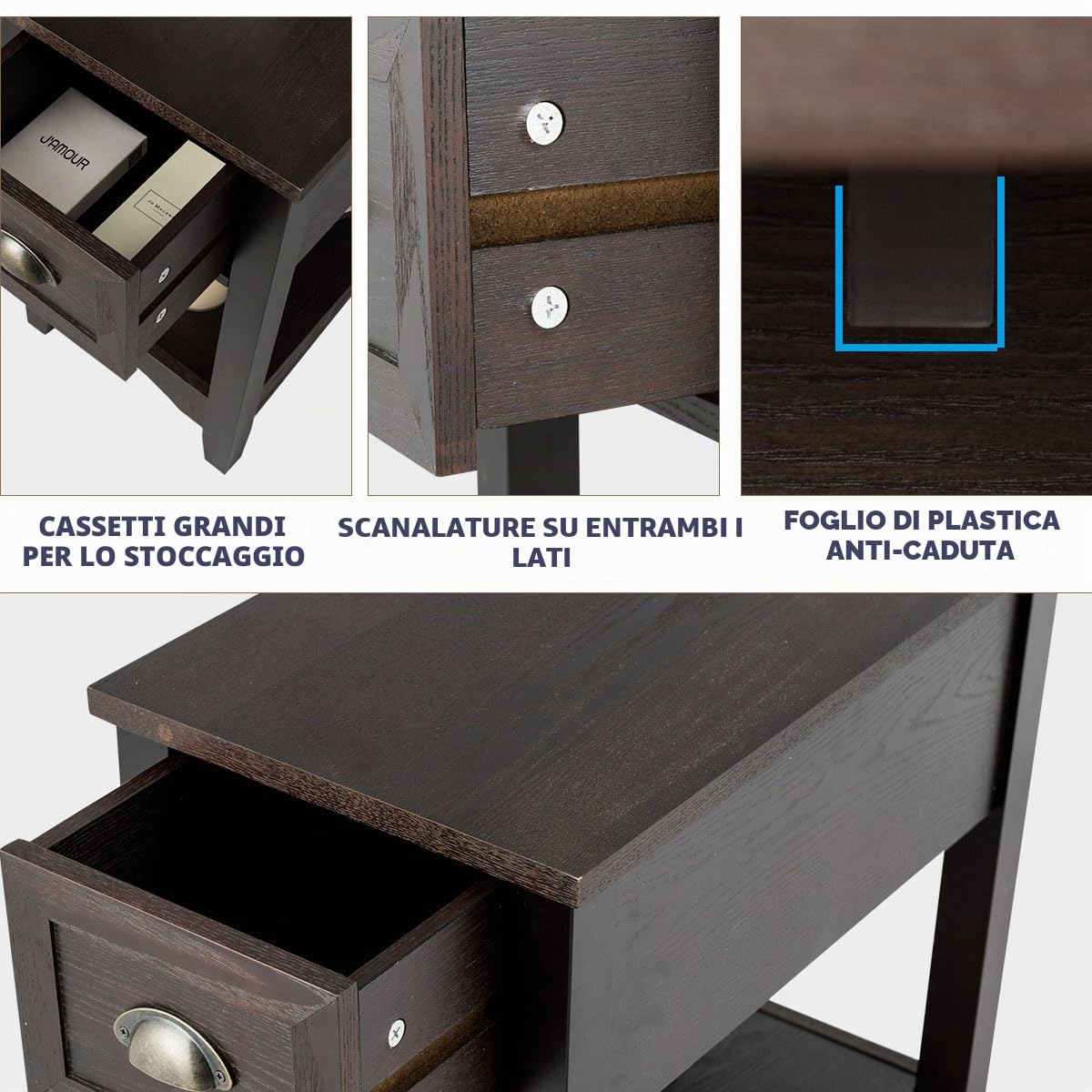 LIFEZEAL Set di 2 Comodini Stretti con 1 Cassetto, Comò a 2 Ripiani, Mobiletto Camera da Letto, Moderno, Tavolino Basso Laterale da Divano, Gambe in Legno Massello, per Soggiorno, 33x56x58,5cm, Noce