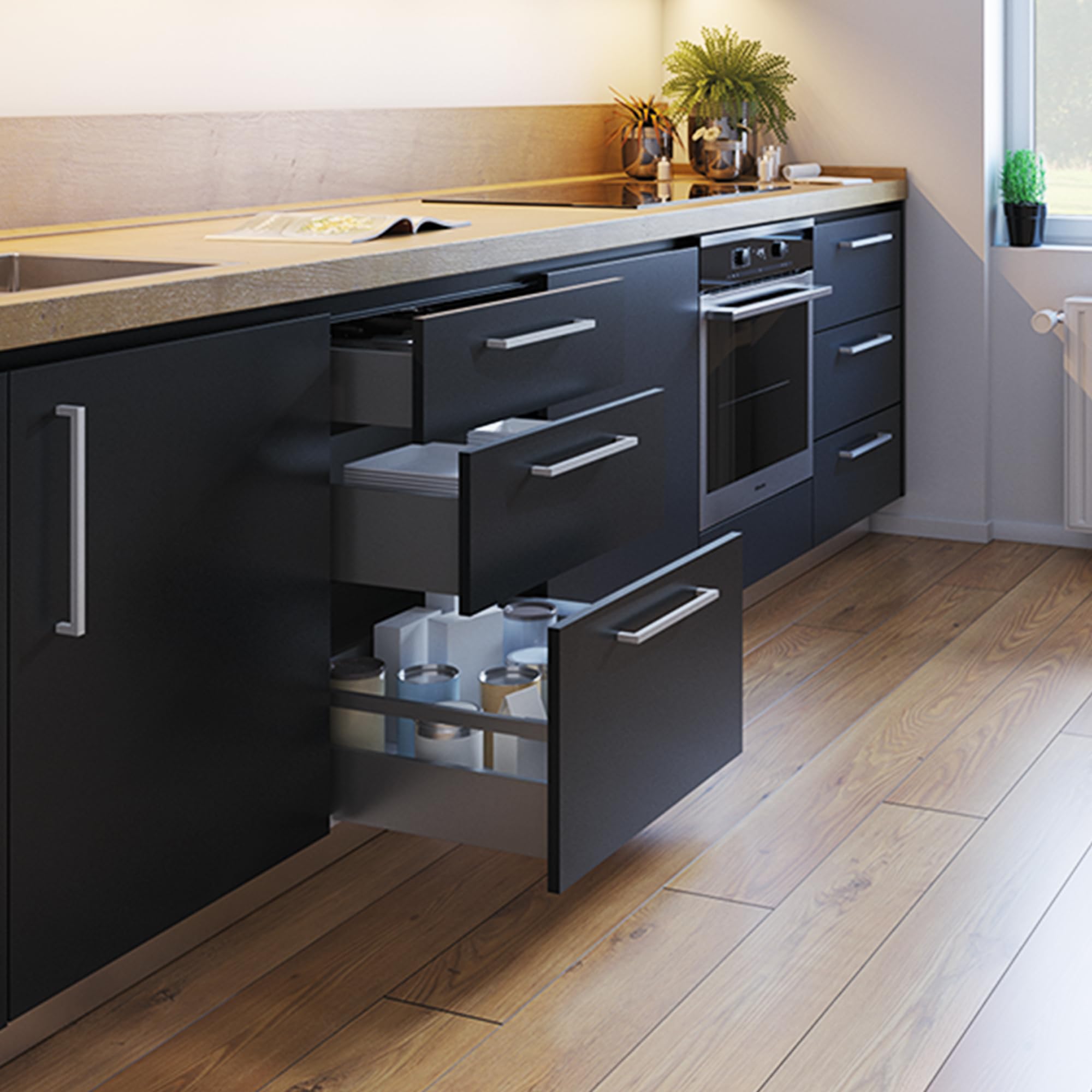 Emuca - Vertex with 3D Regulation External Drawer, Height 131mm, 40kg, Board Thickness of 18mm, Depth 400mm, Steel, Anthracite Grey - Image 3