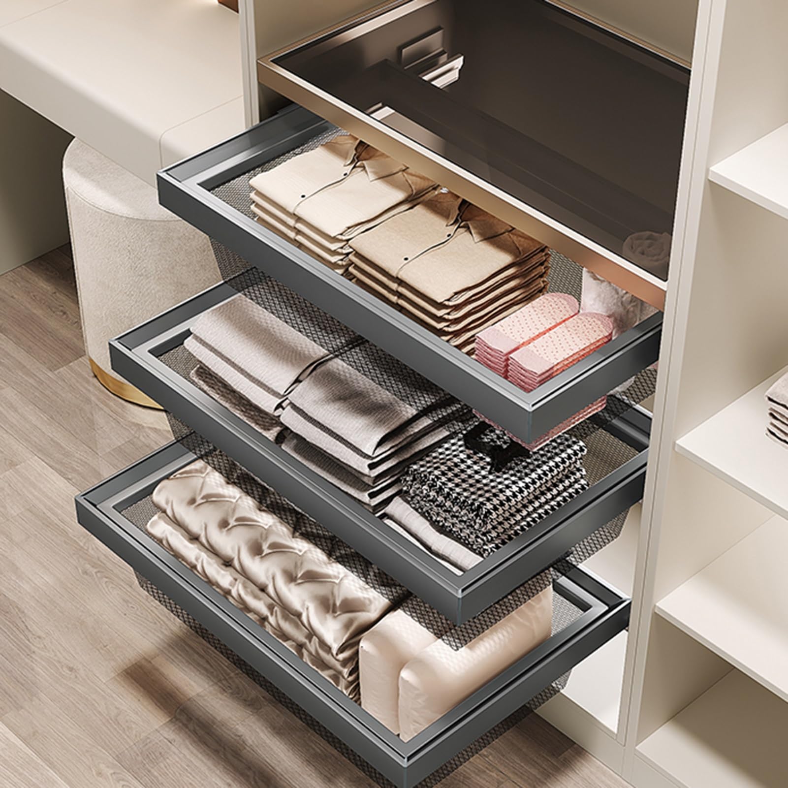 Organizador de almacenamiento para armario, estantes deslizantes para cajones, cesta de metal para debajo del estante, capacidad de carga de 30 kg, ideal para organizar armarios y dormitorios
