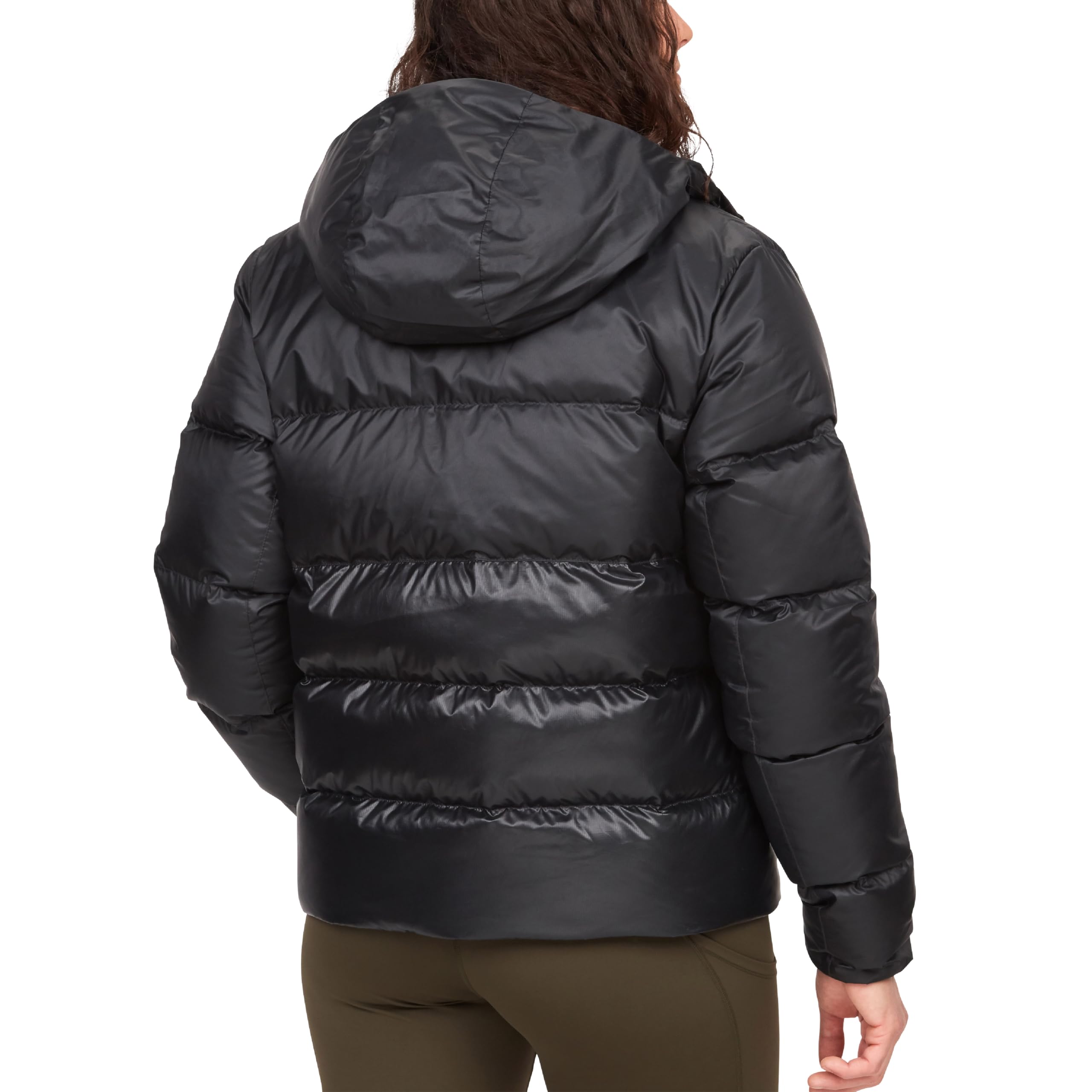Marmot Mujer Wm's Guides Down Hoody, Cálida chaqueta ligera de plumón para invierno, acolchada repelente al agua, funcional con cortaviento, pequeña plegable con capucha, Black, L