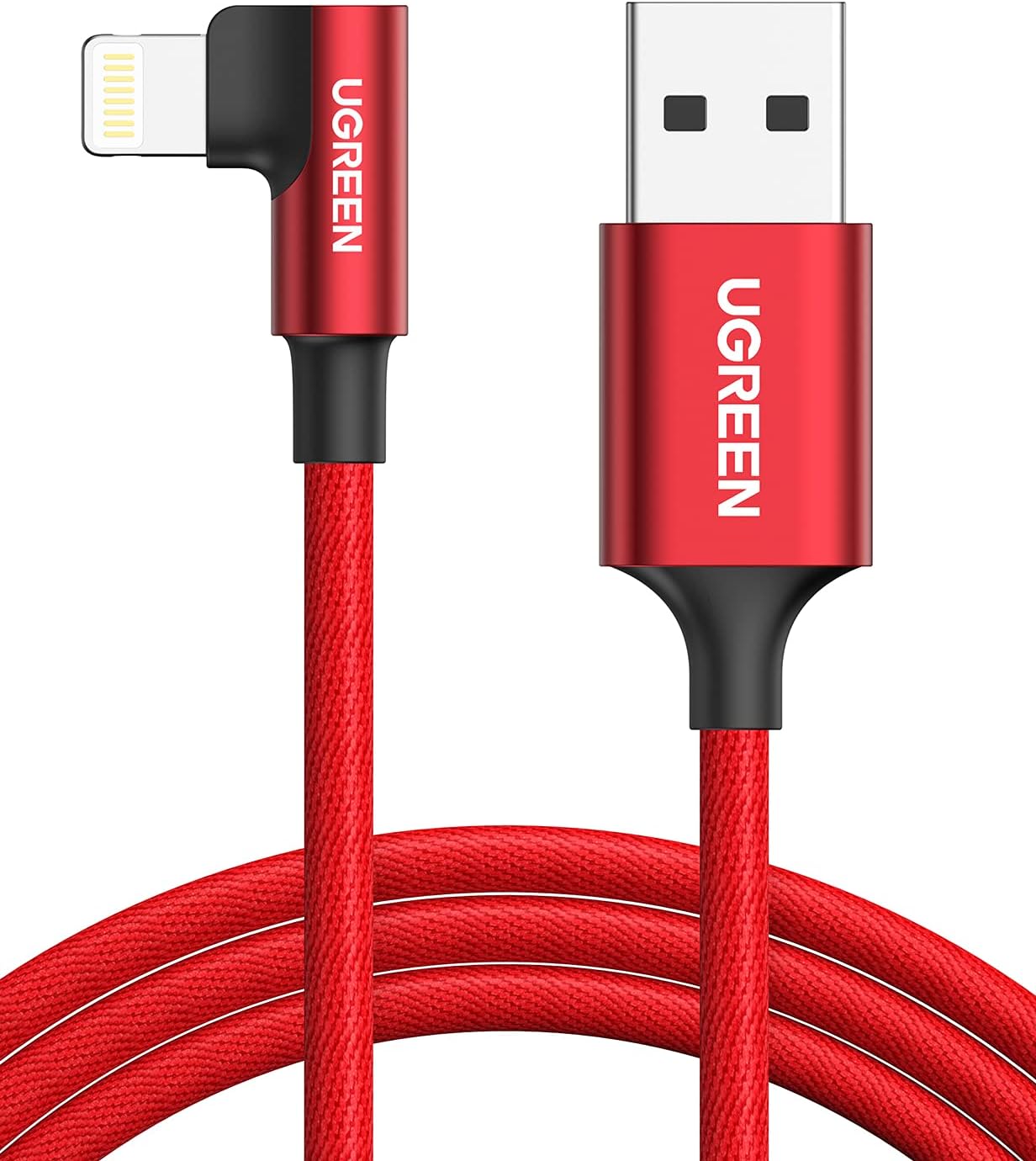 UGREEN Lightning Cable 90 Degree 2M[MFi Certified] iPhone Charger Cable Fast Charging USB A to Lightning Nylon Braided for iPhone 14/14 Pro/14 Plus /14 Pro Max, ipad Pro, iPhone 8-13 All Series-Red
