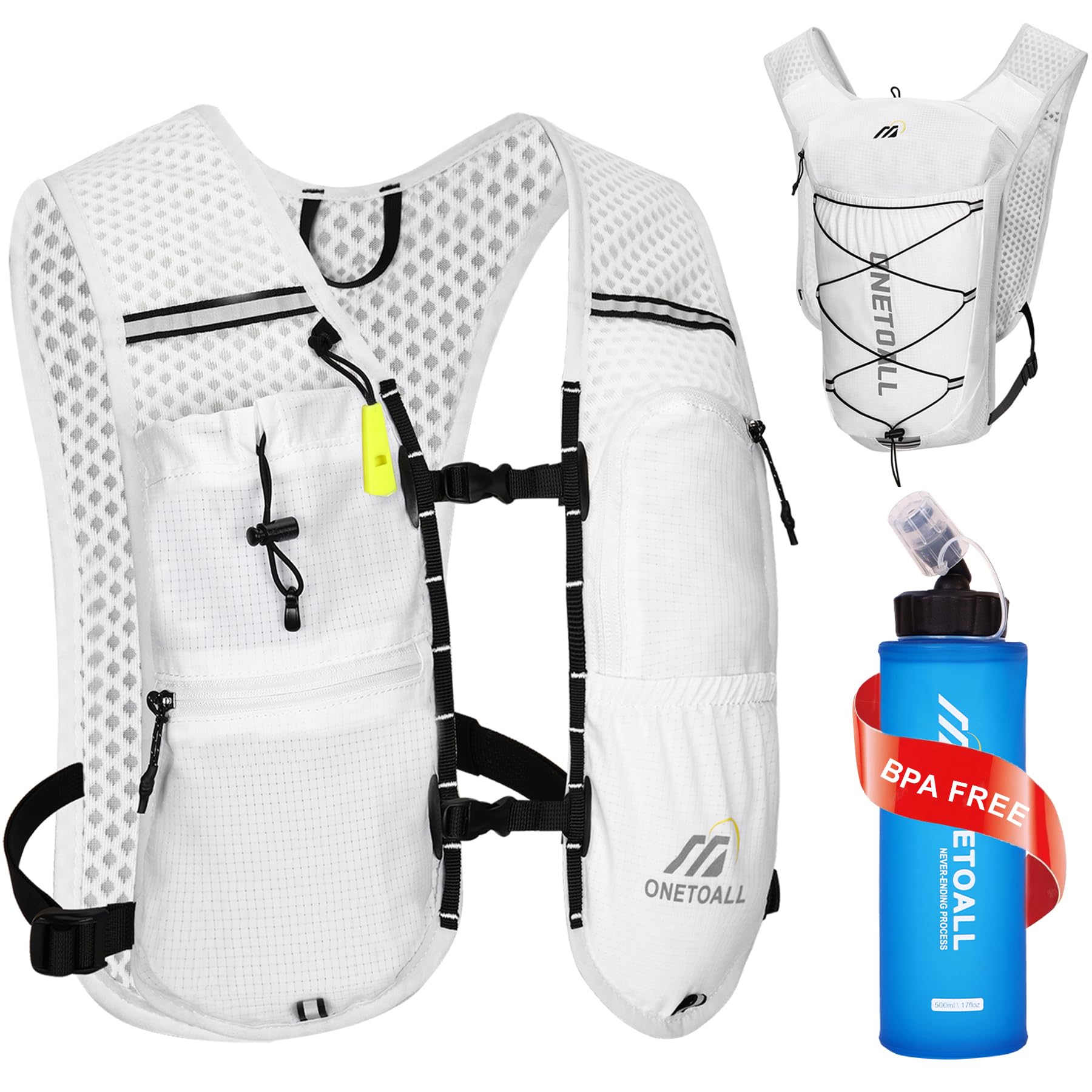 ONETOALL Running Vest Women with Water Bottle 500ml, 6L Reflective Hydration Backpack Mens, Lightweight 150g for Trailrunning Hiking Marathon, White with Soft Flask