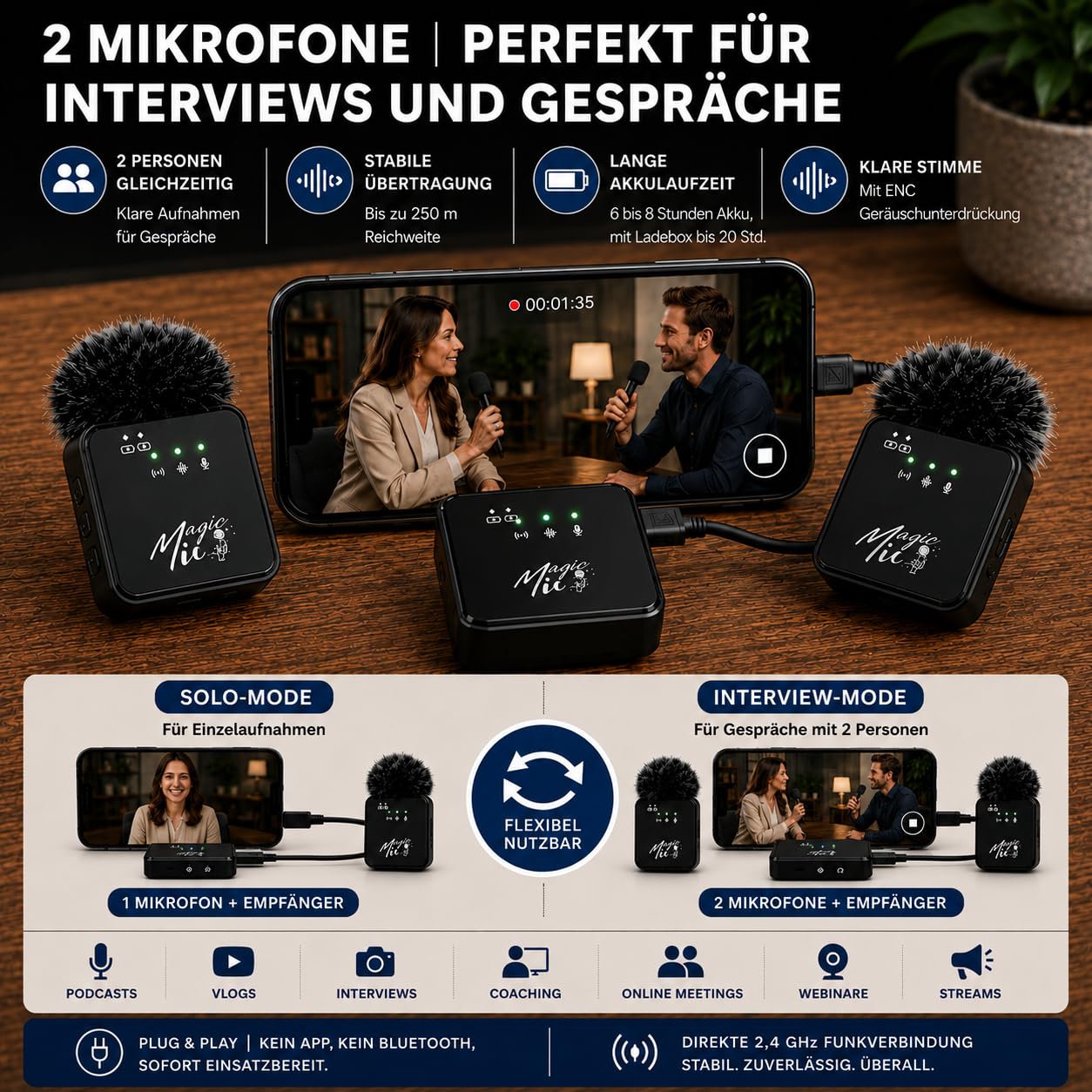MagicMic™ 2in1 Mikrofon (3. Generation) Content Creation, Lavalier-Funkmikrofon mit Geräusch­unterdrückung für PC, iPhone, Interviews, YouTube, Vlogs (2 Sender + 1 Empfänger + Ladebox + Adapter)