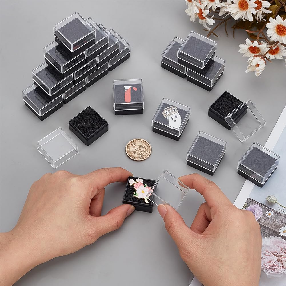 FINGERINSPIRE 20Pcs Clear Plastic Gift Box for Pin 1.22x1.22x0.87Inch Black Presentation Boxes for Badge Visible Window Case with Sponge Square Lapel Pin Presentation Display Case for Jewelry Brooch - Image 3